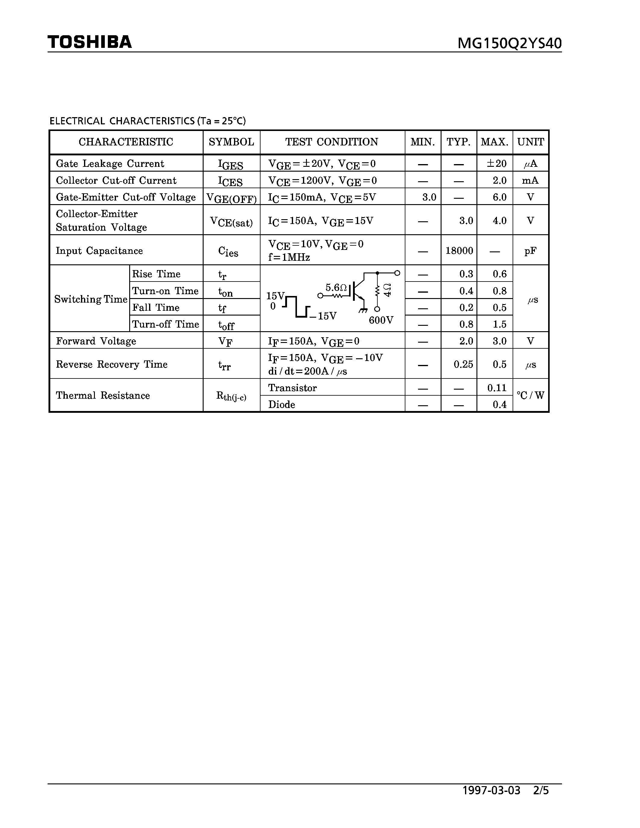 Datasheet MG150Q2YS40 - N CHANNEL IGBT (HIGH POWER SWITCHING / MOTOR CONTROL APPLICATIONS) page 2