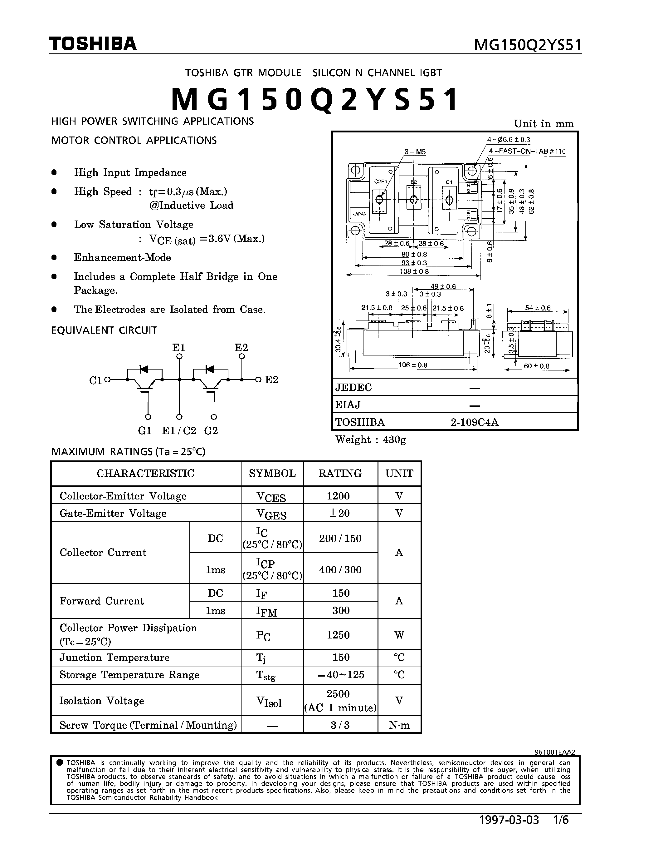 Datasheet MG150Q2YS51 - N CHANNEL IGBT (HIGH POWER SWITCHING / MOTOR CONTROL APPLICATIONS) page 1