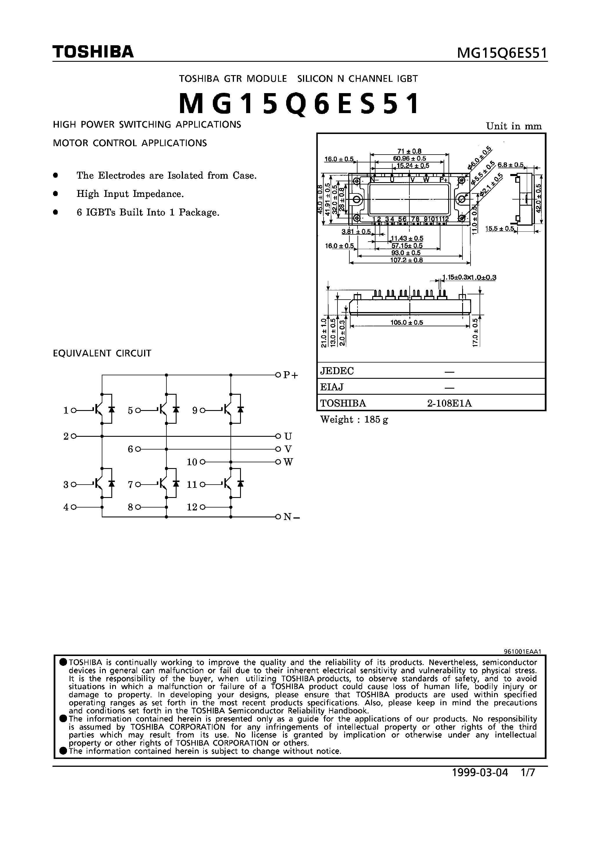 Datasheet MG15Q6ES51 - N CHANNEL IGBT (HIGH POWER SWITCHING / MOTOR CONTROL APPLICATIONS) page 1