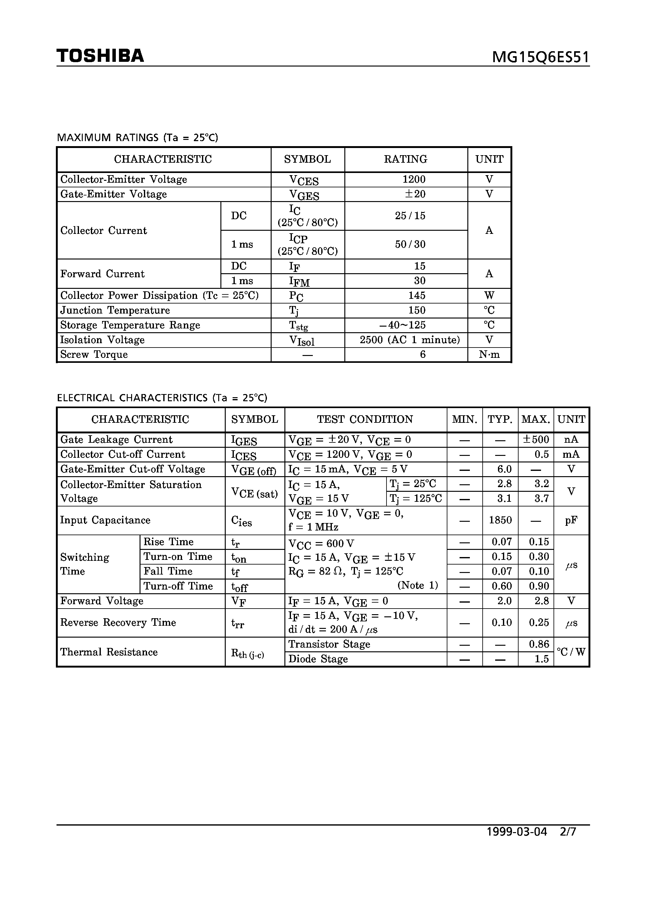 Datasheet MG15Q6ES51 - N CHANNEL IGBT (HIGH POWER SWITCHING / MOTOR CONTROL APPLICATIONS) page 2
