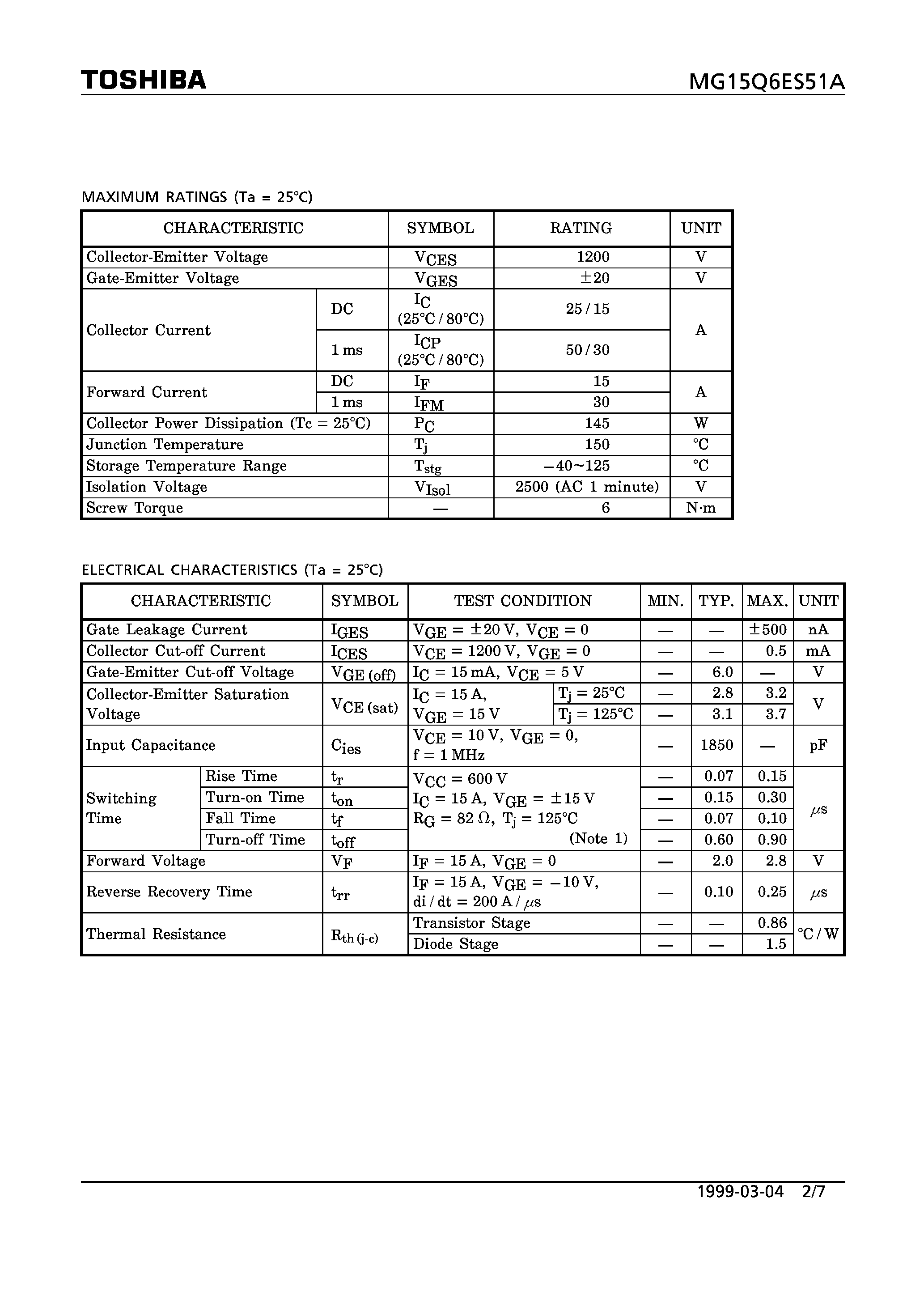 Datasheet MG15Q6ES51A - N CHANNEL IGBT (HIGH POWER SWITCHING / MOTOR CONTROL APPLICATIONS) page 2