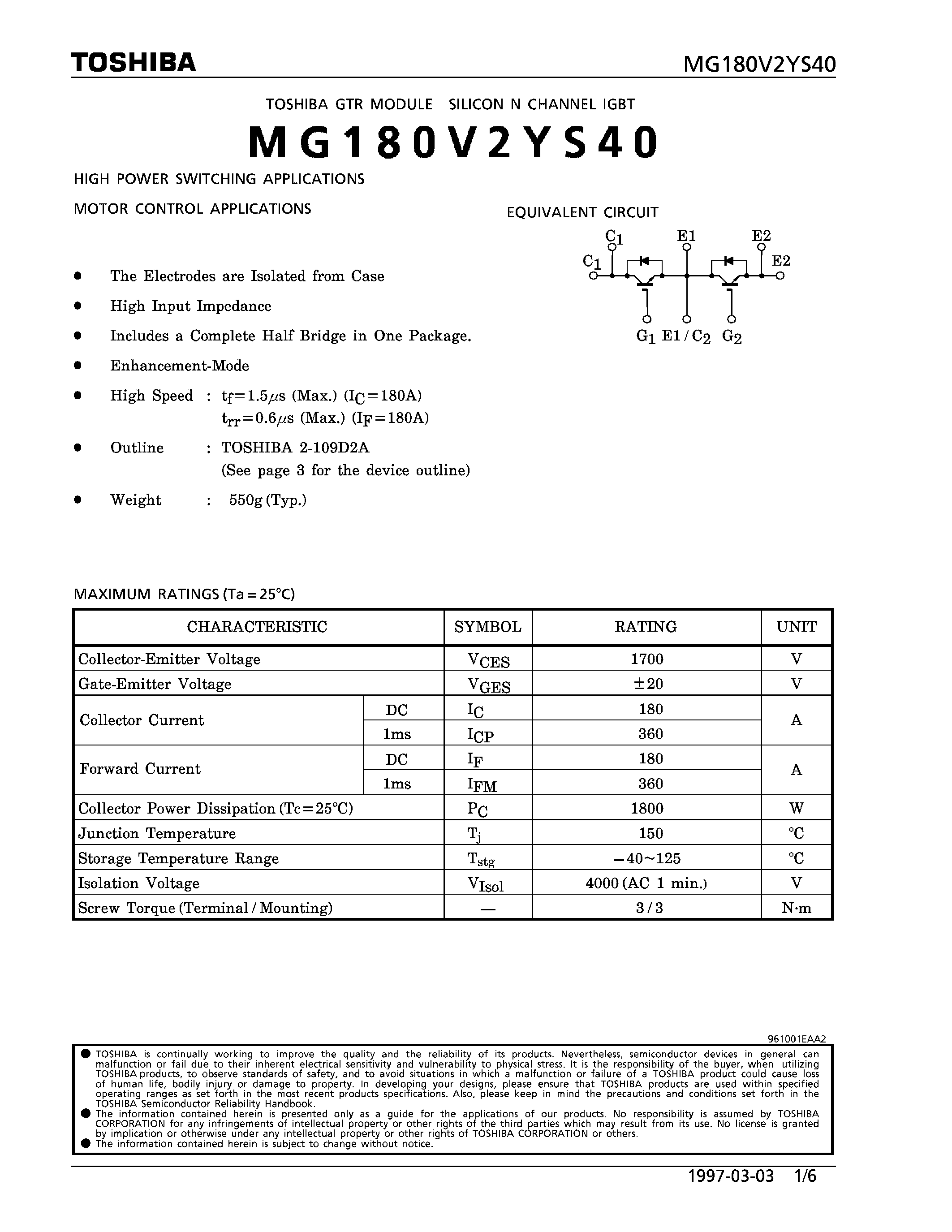 Datasheet MG180V2YS40 - N CHANNEL IGBT (HIGH POWER SWITCHING / MOTOR CONTROL APPLICATIONS) page 1