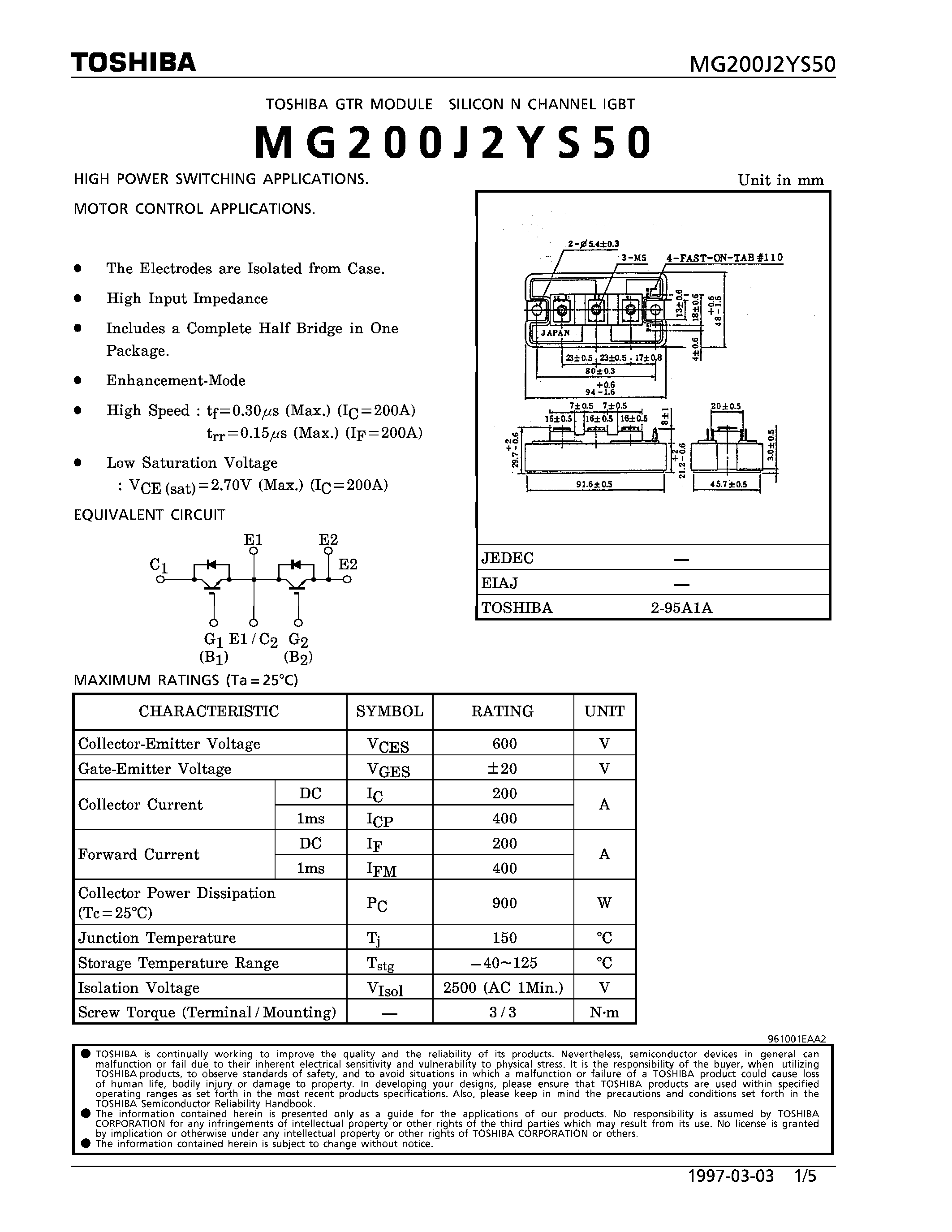 Datasheet MG200J2YS50 - N CHANNEL IGBT (HIGH POWER SWITCHING / MOTOR CONTROL APPLICATIONS) page 1