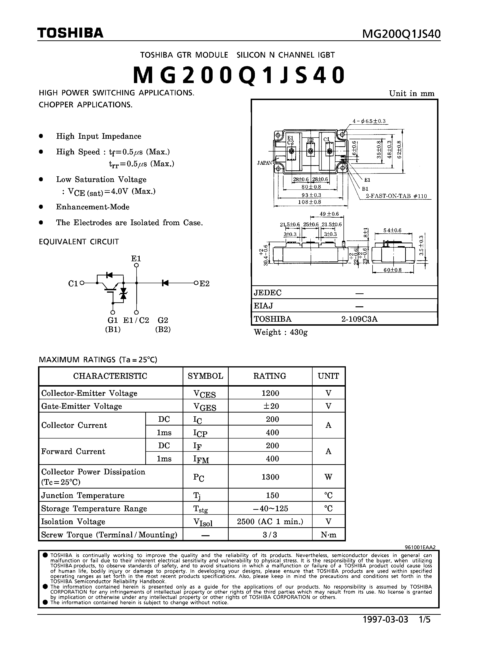Datasheet MG200Q1JS40 - N CHANNEL IGBT (HIGH POWER SWITCHING / CHOPPER APPLICATIONS) page 1