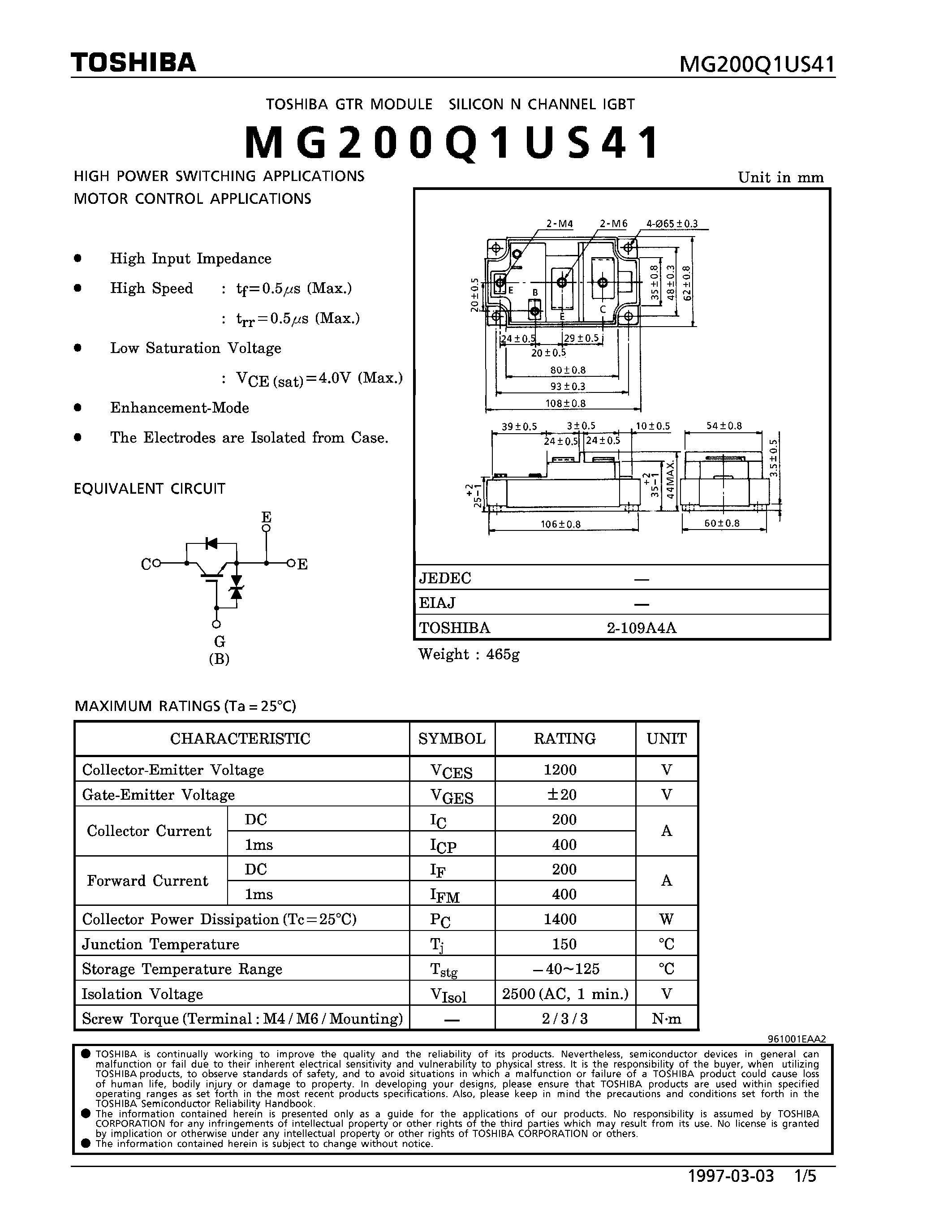 Datasheet MG200Q1US41 - N CHANNEL IGBT (HIGH POWER SWITCHING / MOTOR CONTROL APPLICATIONS) page 1
