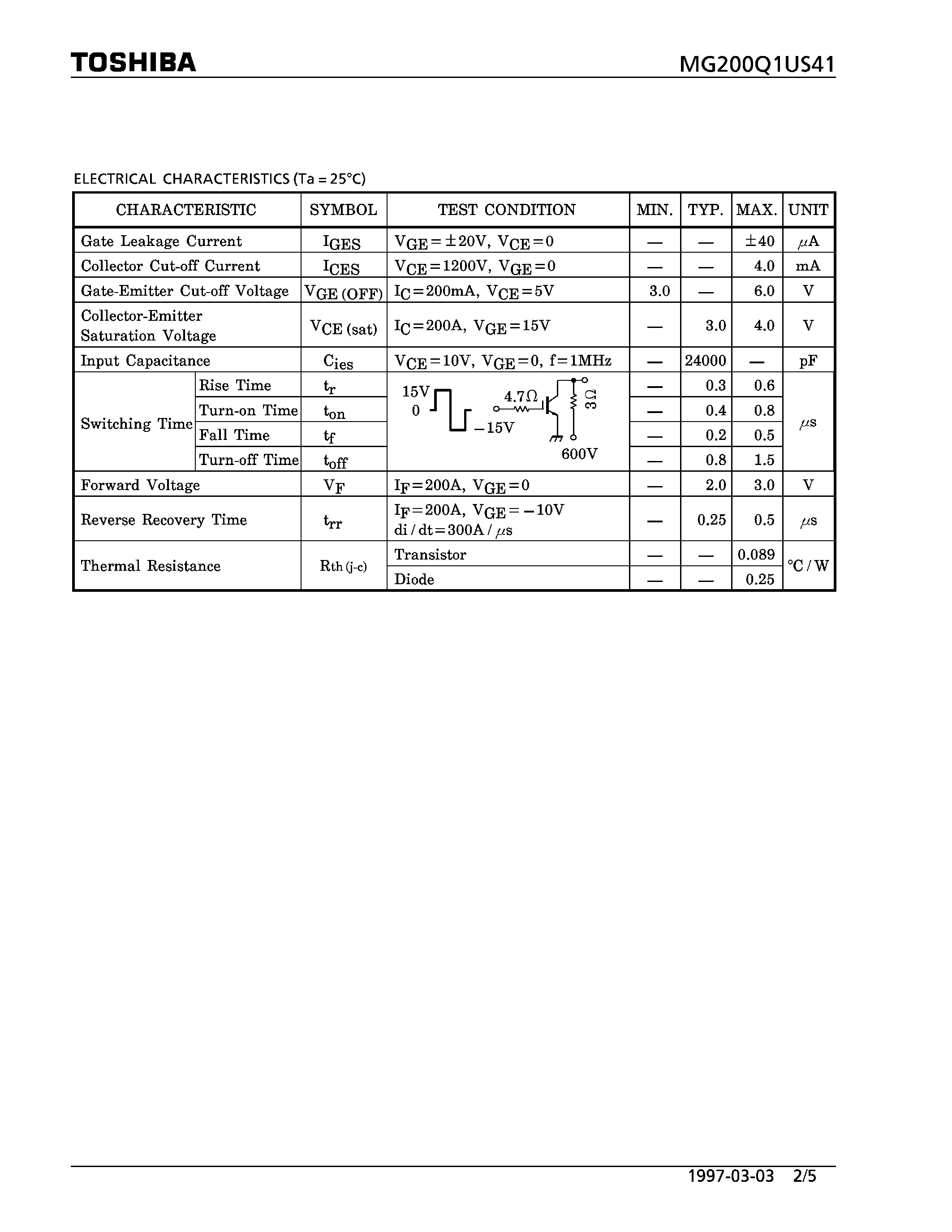 Datasheet MG200Q1US41 - N CHANNEL IGBT (HIGH POWER SWITCHING / MOTOR CONTROL APPLICATIONS) page 2