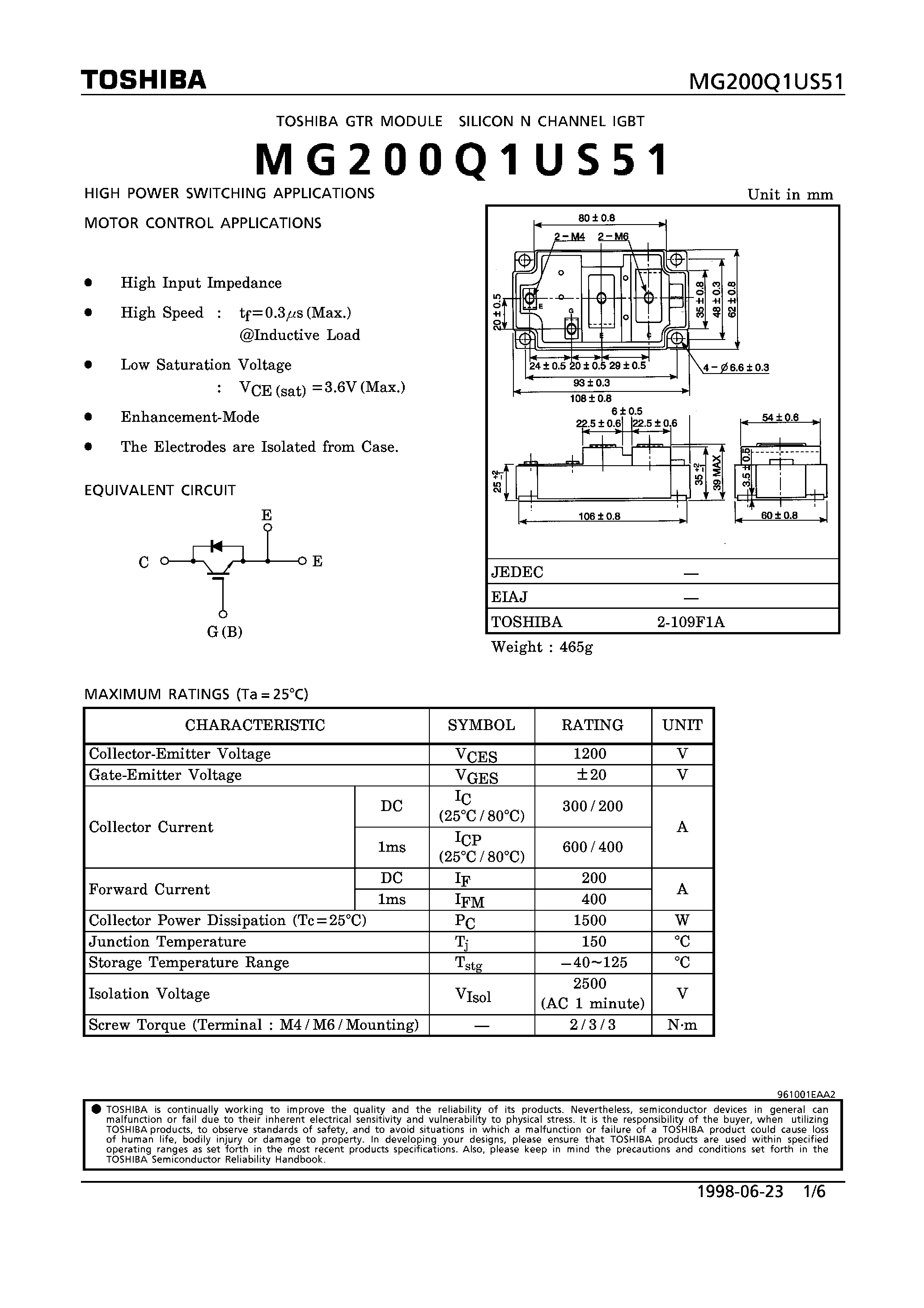 Datasheet MG200Q1US51 - N CHANNEL IGBT (HIGH POWER SWITCHING / MOTOR CONTROL APPLICATIONS) page 1