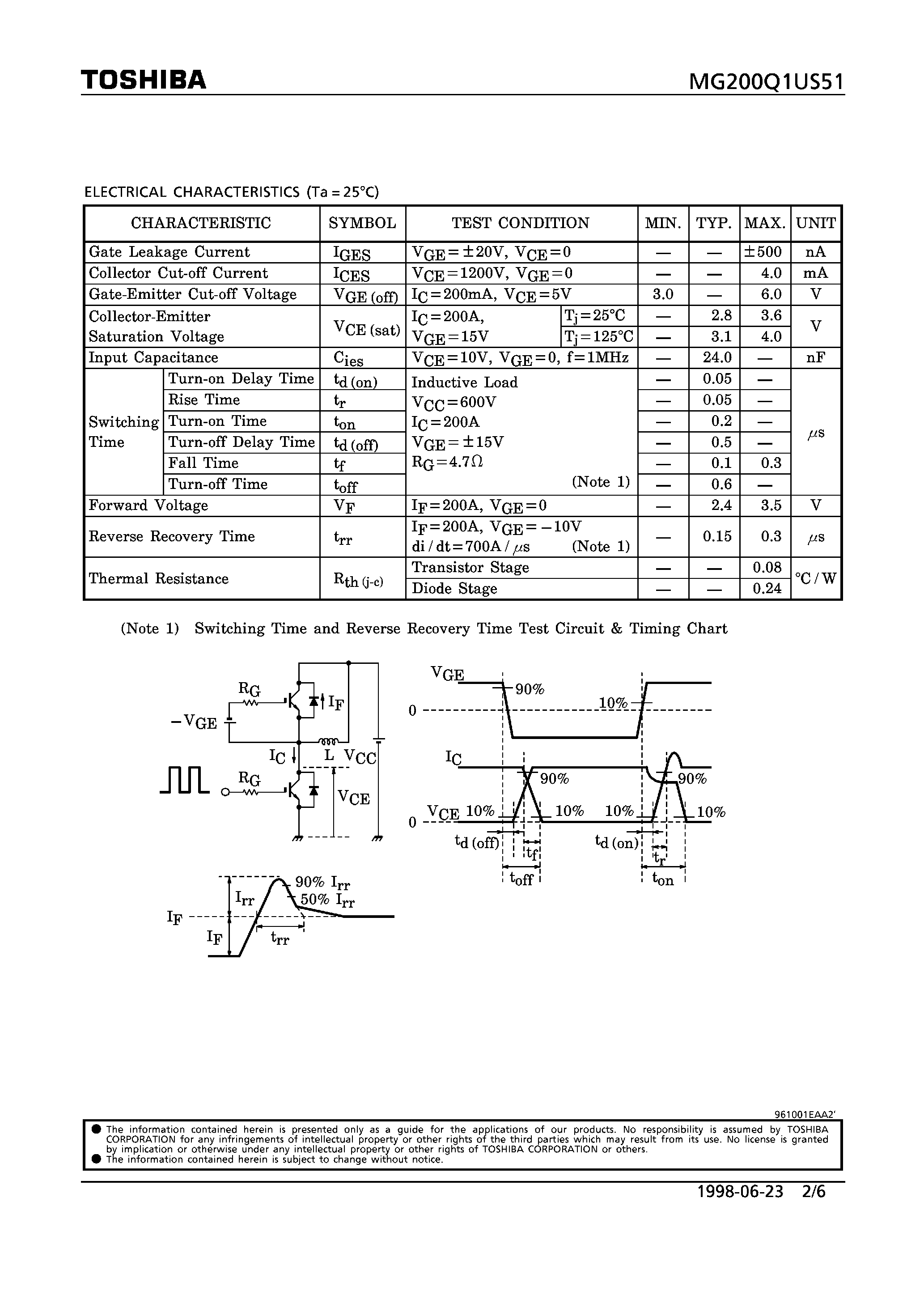 Datasheet MG200Q1US51 - N CHANNEL IGBT (HIGH POWER SWITCHING / MOTOR CONTROL APPLICATIONS) page 2