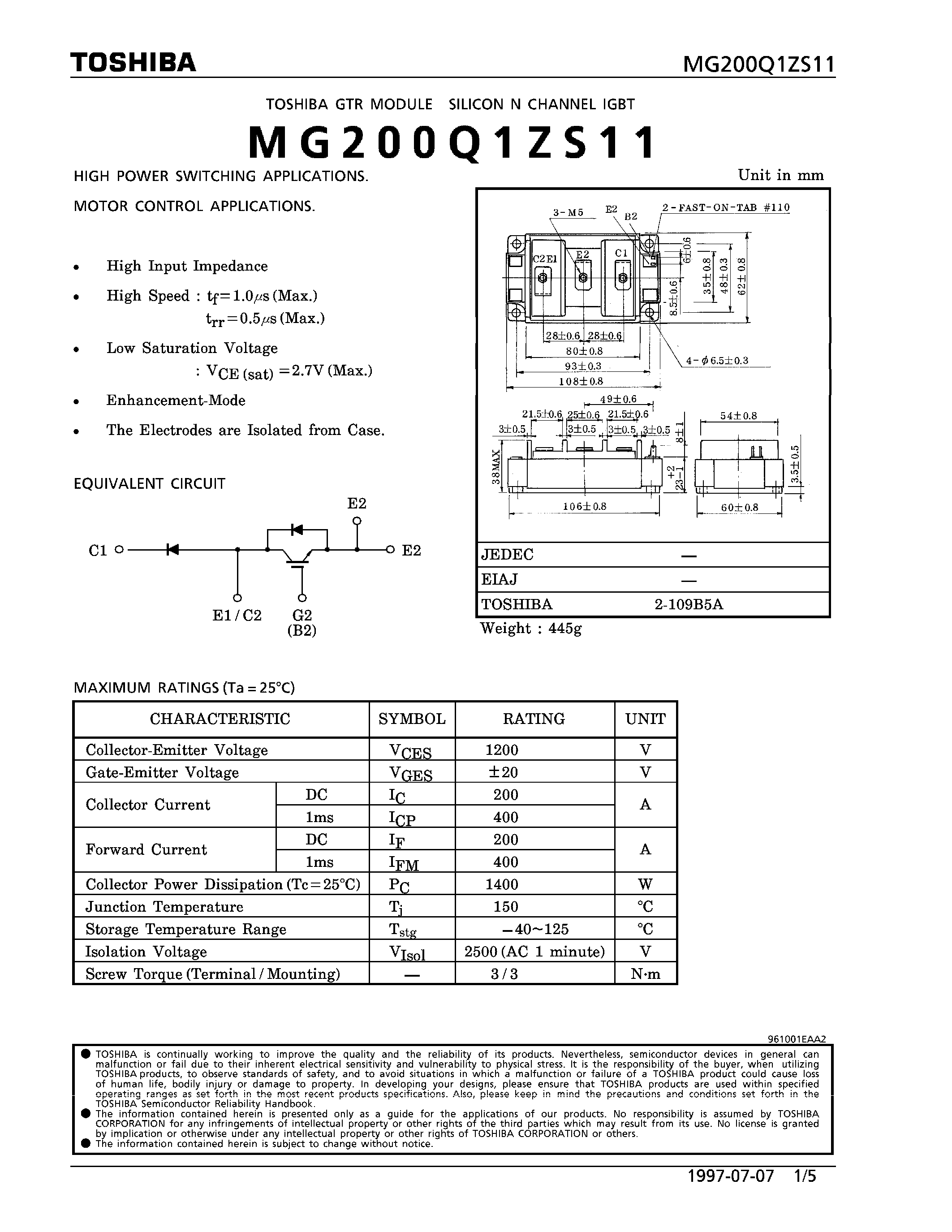 Datasheet MG200Q1ZS11 - N CHANNEL IGBT (HIGH POWER SWITCHING / MOTOR CONTROL APPLICATIONS) page 1