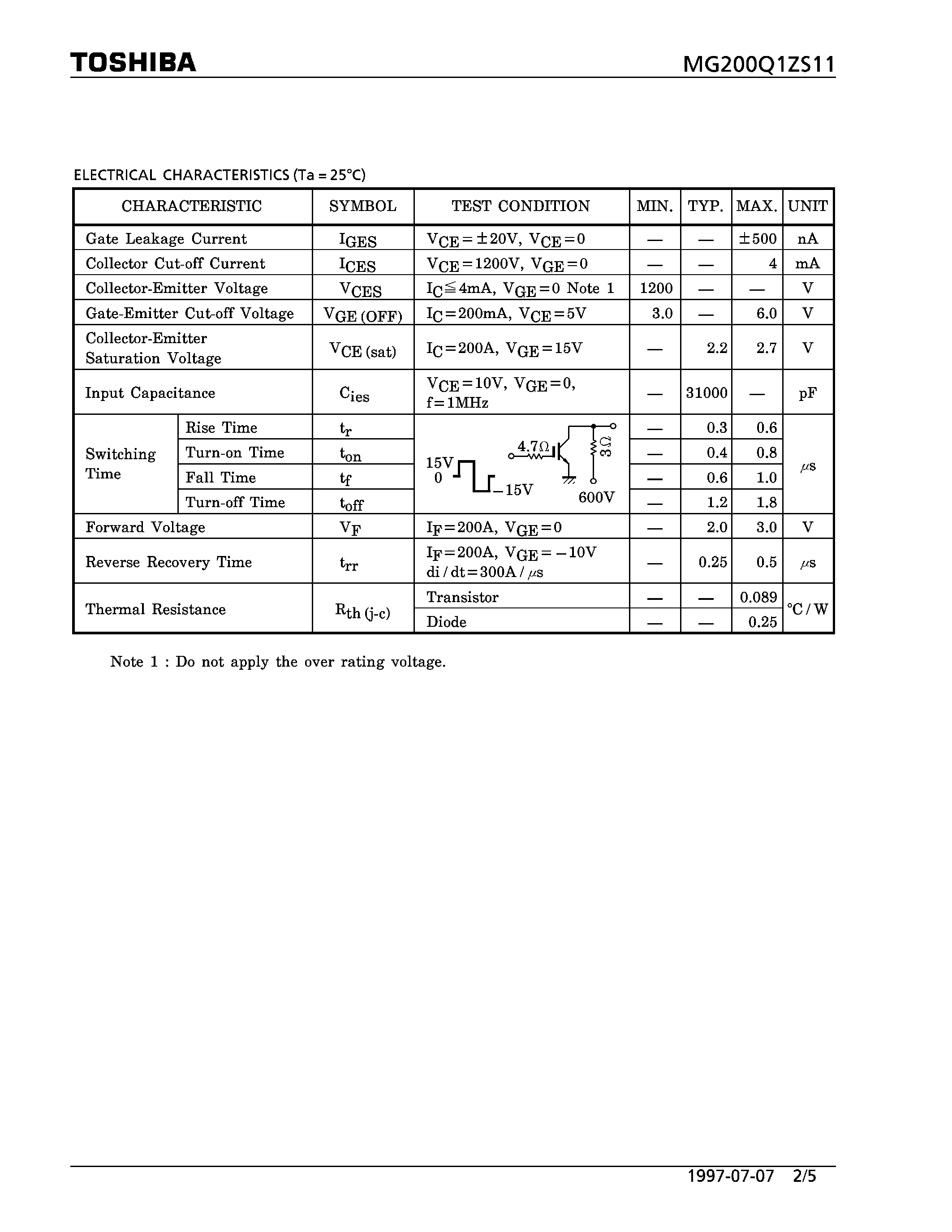Datasheet MG200Q1ZS11 - N CHANNEL IGBT (HIGH POWER SWITCHING / MOTOR CONTROL APPLICATIONS) page 2