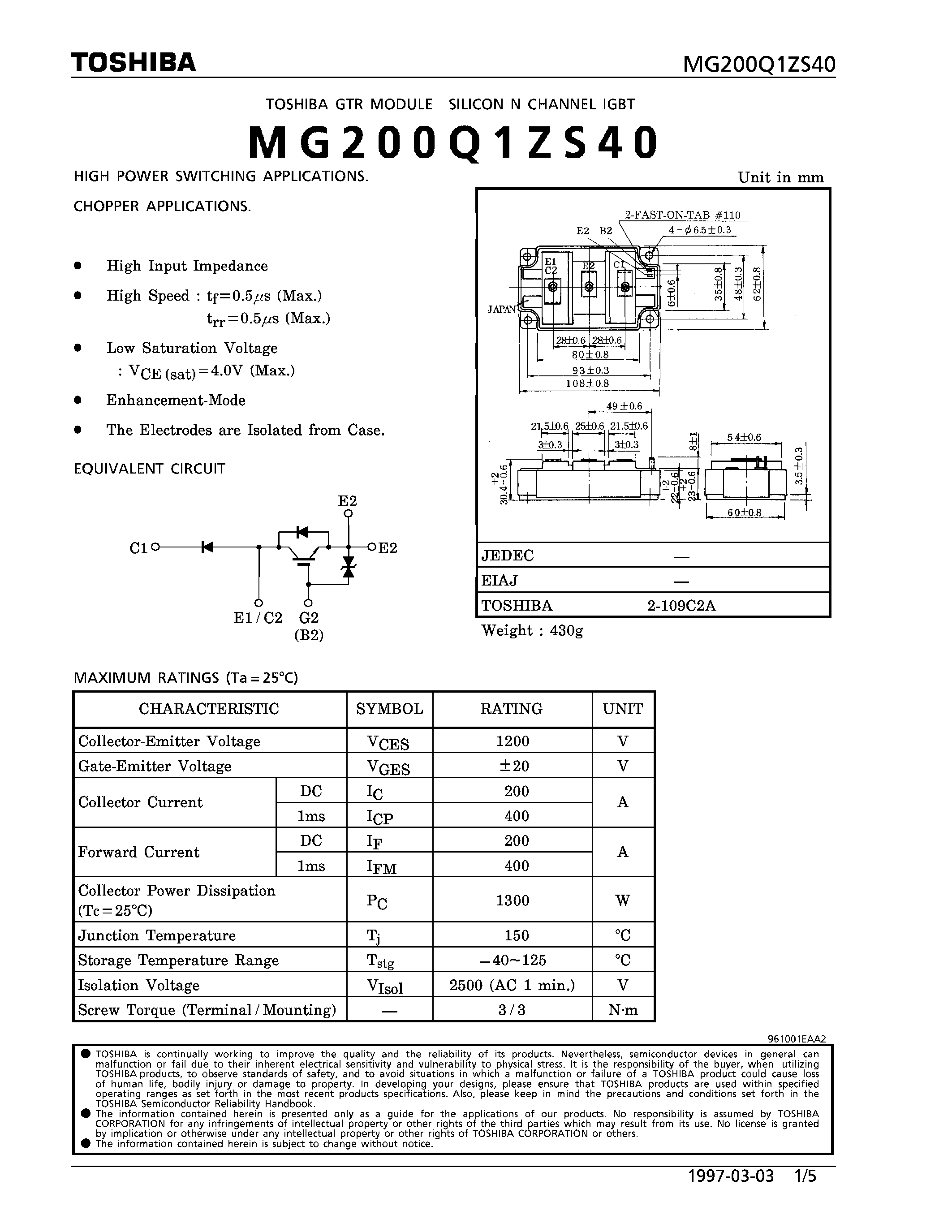 Datasheet MG200Q1ZS40 - N CHANNEL IGBT (HIGH POWER SWITCHING / MOTOR CHOPPER APPLICATIONS) page 1