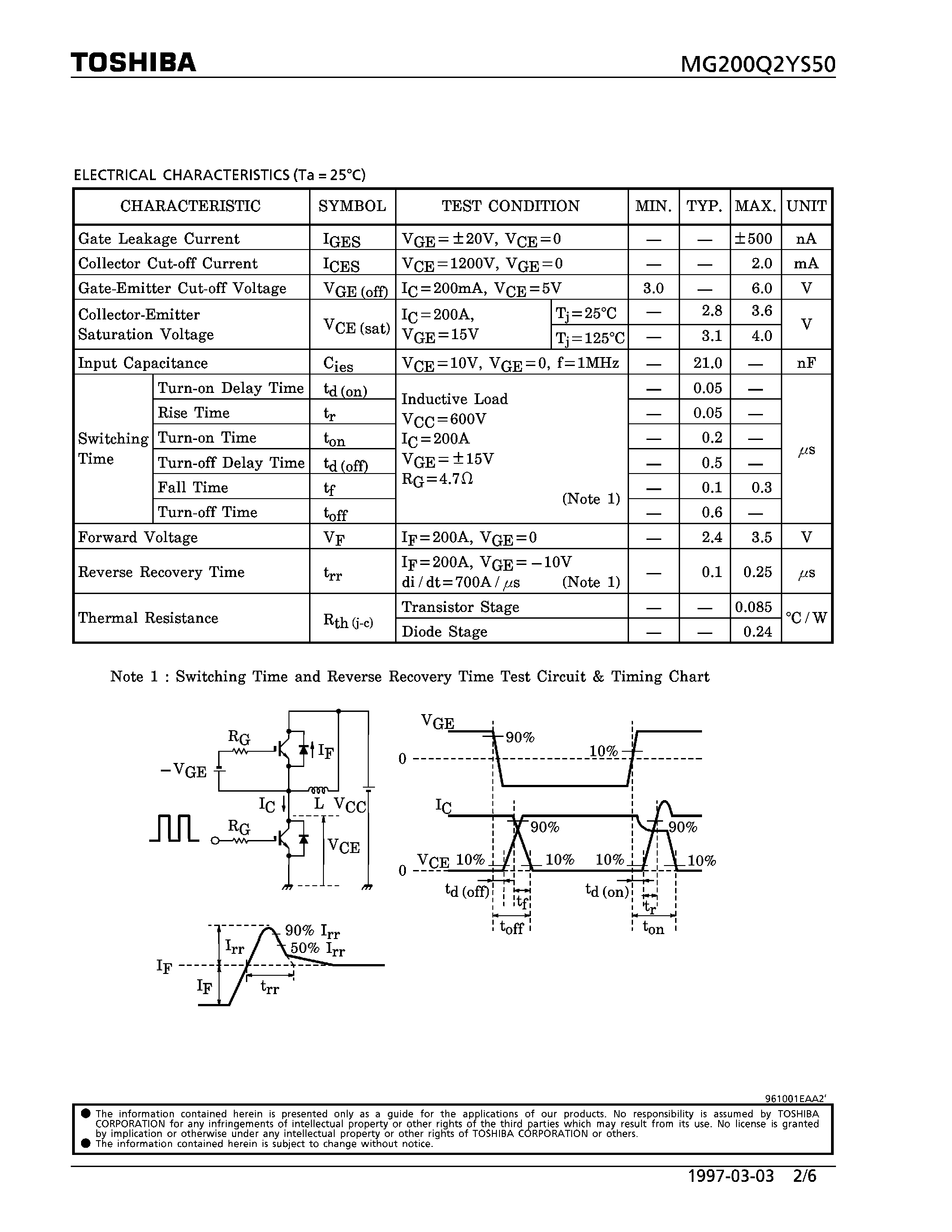 Datasheet MG200Q2YS50 - N CHANNEL IGBT (HIGH POWER SWITCHING / MOTOR CONTROL APPLICATIONS) page 2