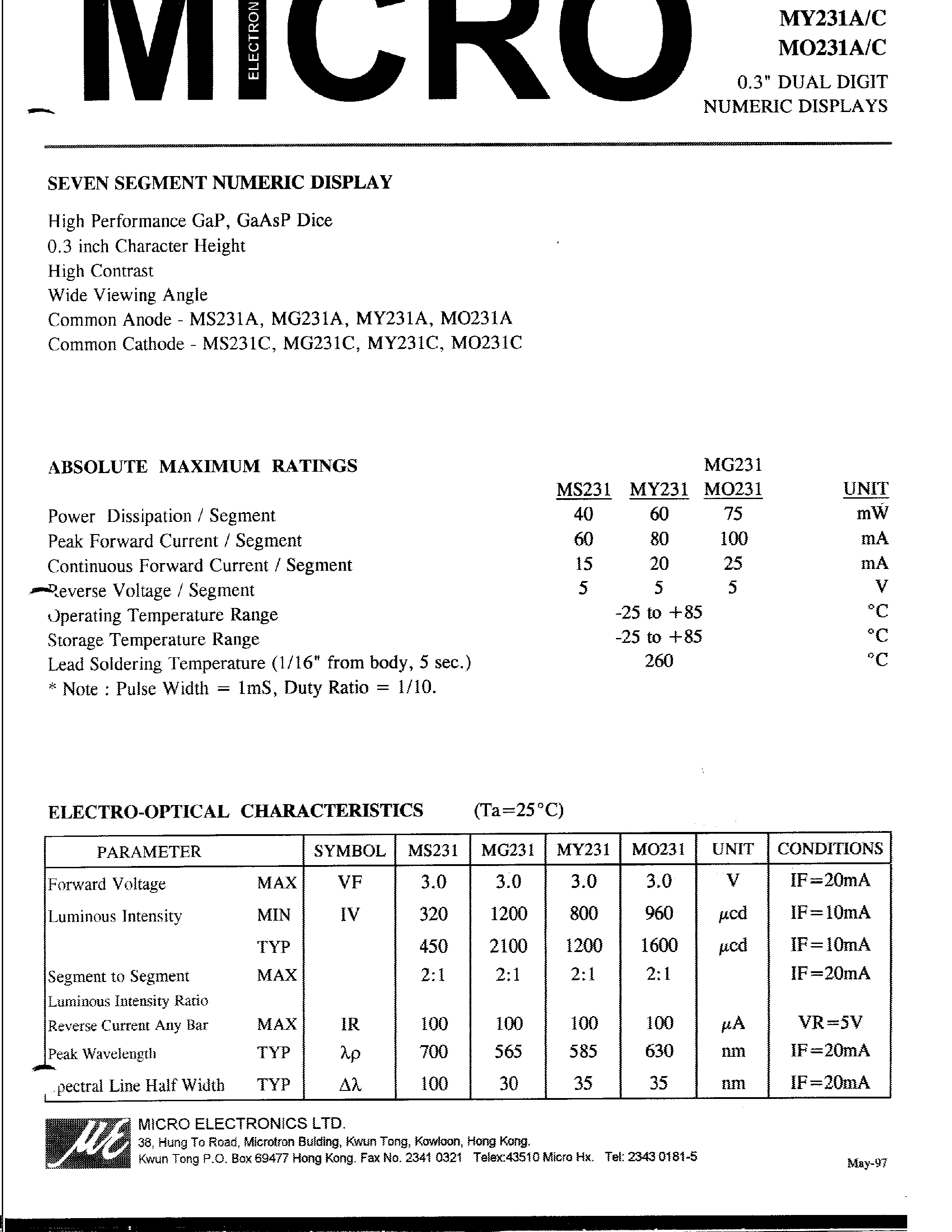 Datasheet MG231A - 0.3 DUAL DIGIT NUMERIC DISPLAYS page 1