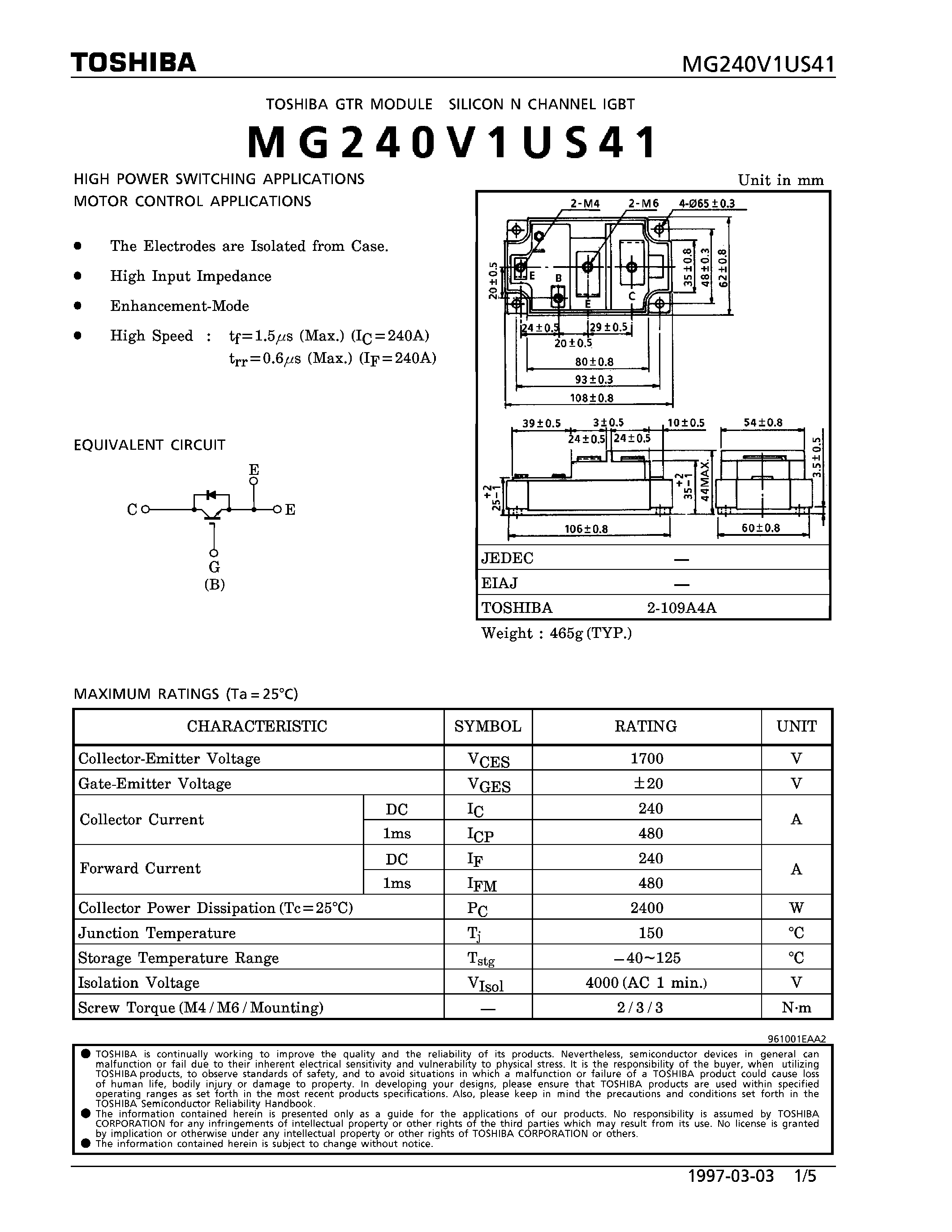 Datasheet MG240V1US41 - N CHANNEL IGBT (HIGH POWER SWITCHING / MOTOR CONTROL APPLICATIONS) page 1