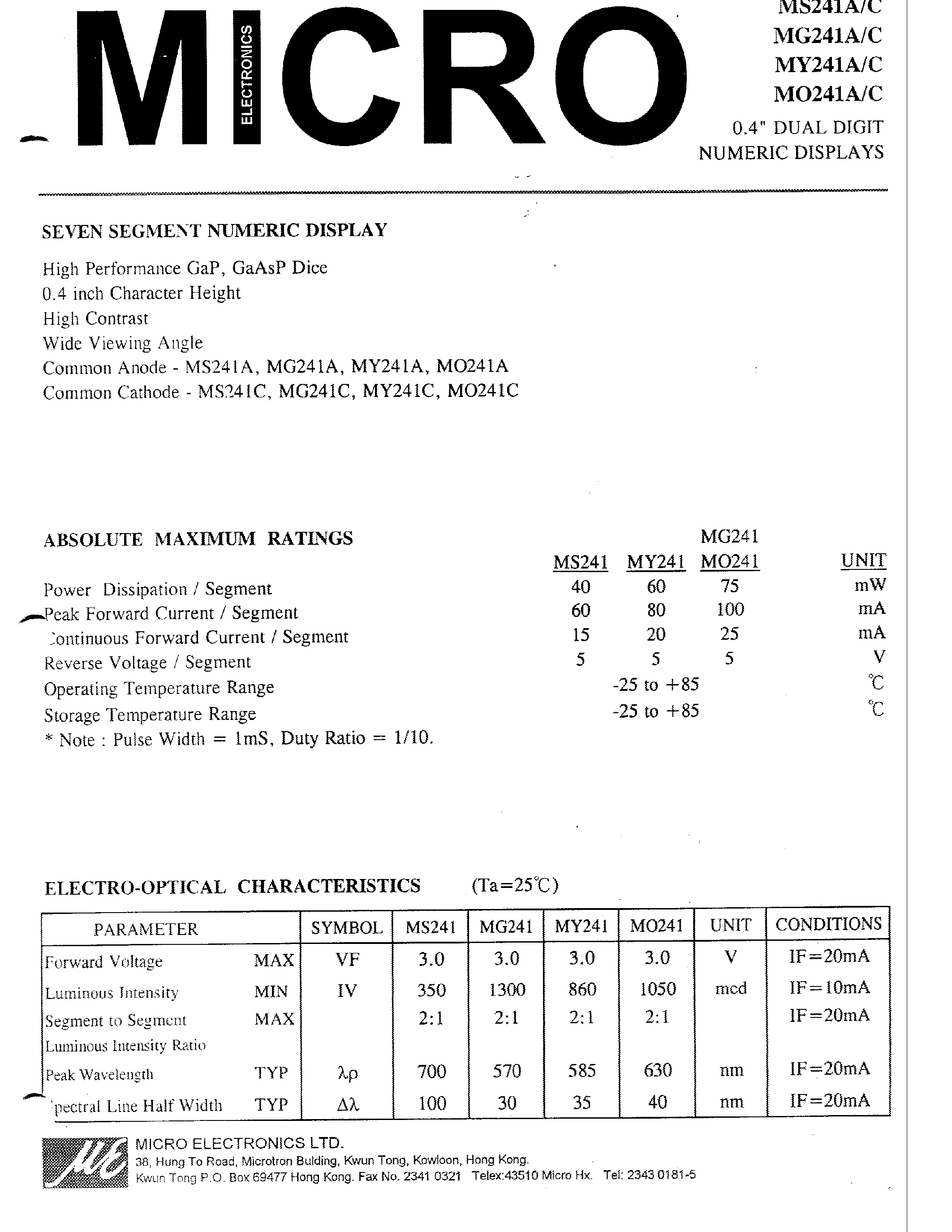 Datasheet MG241C - 0.4 DUAL DIGIT NUMERIC DISPLAYS page 1