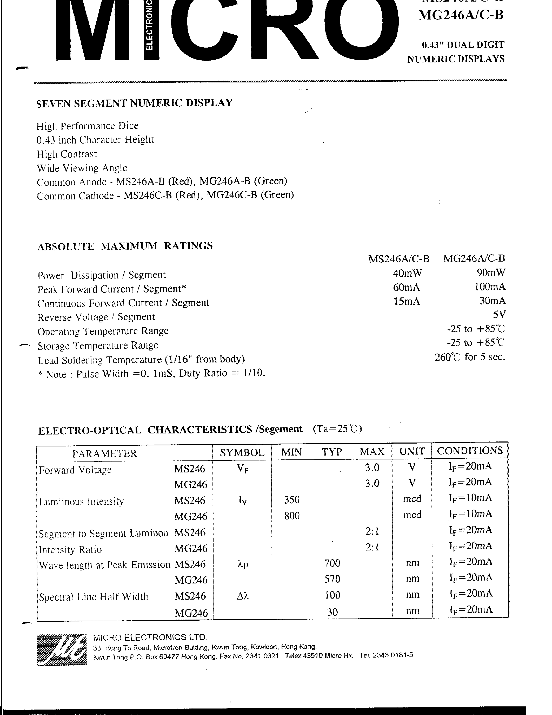 Datasheet MG246A-B page 1 Datasheet MG246A-B - 0.43 DUAL DIGIT NUMERIC DISPLAYS page 1