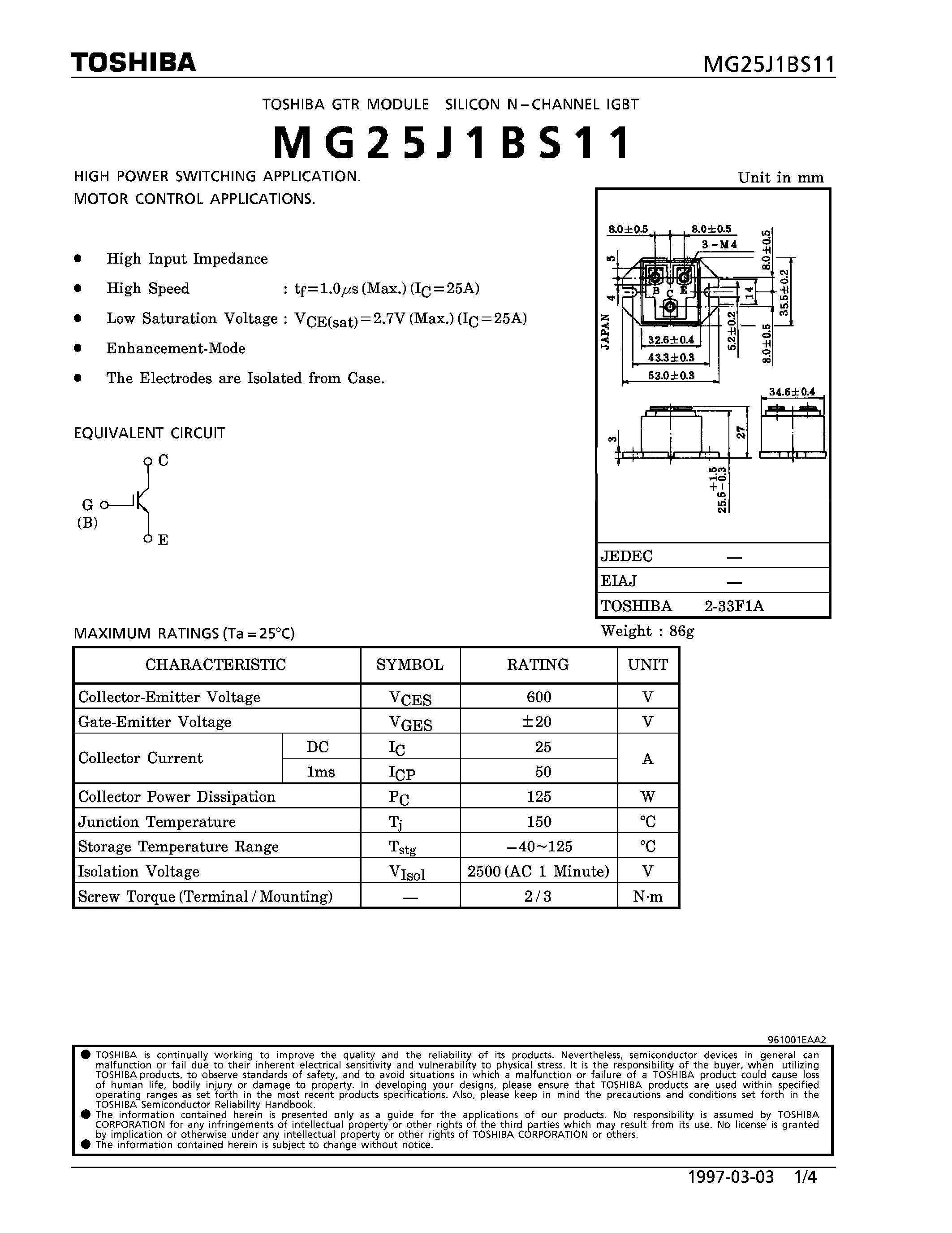 Datasheet MG25J1BS11 - N CHANNEL IGBT (HIGH POWER SWITCHING / MOTOR CONTROL APPLICATIONS) page 1