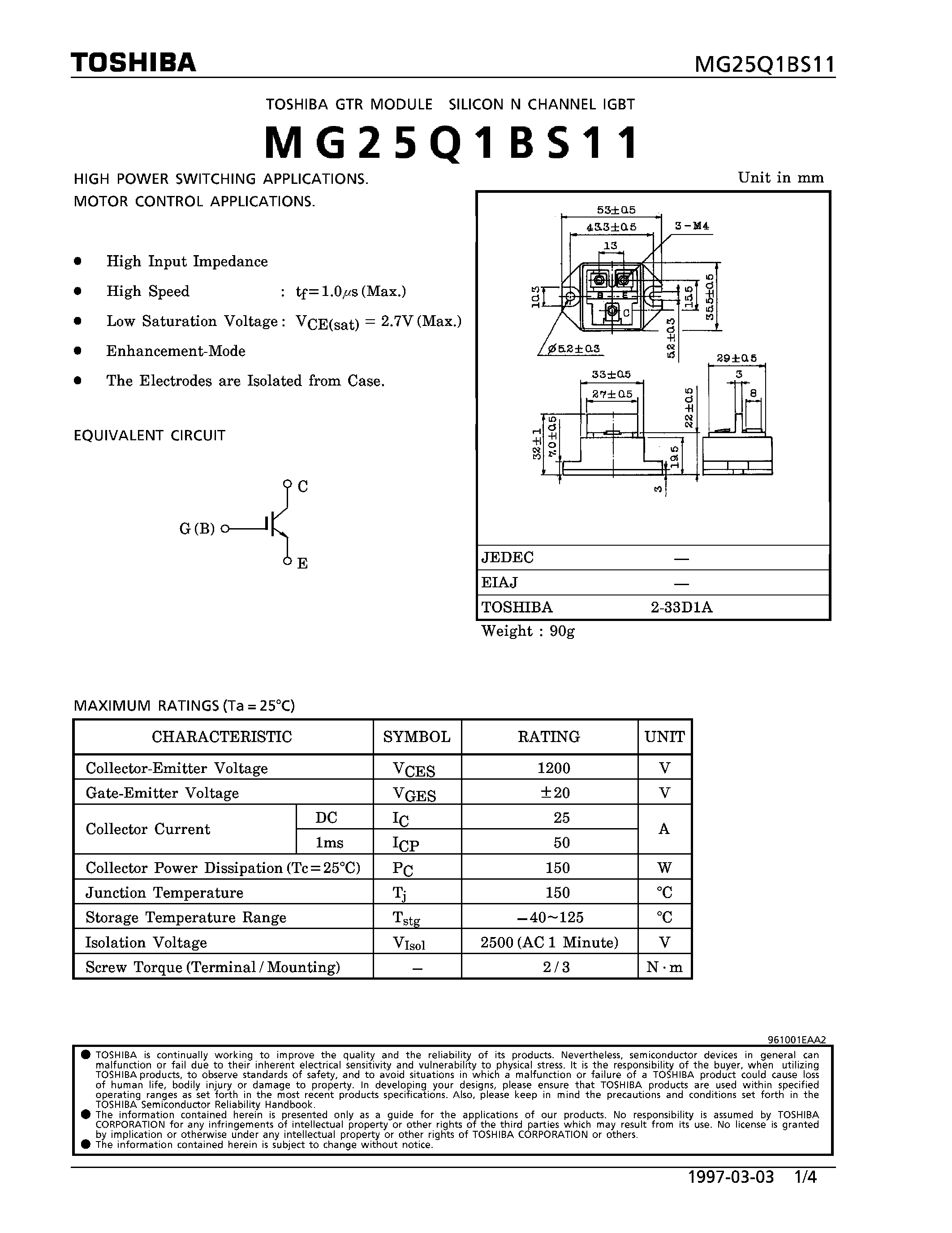 Datasheet MG25Q1BS11 - N CHANNEL IGBT (HIGH POWER SWITCHING / MOTOR CONTROL APPLICATIONS) page 1