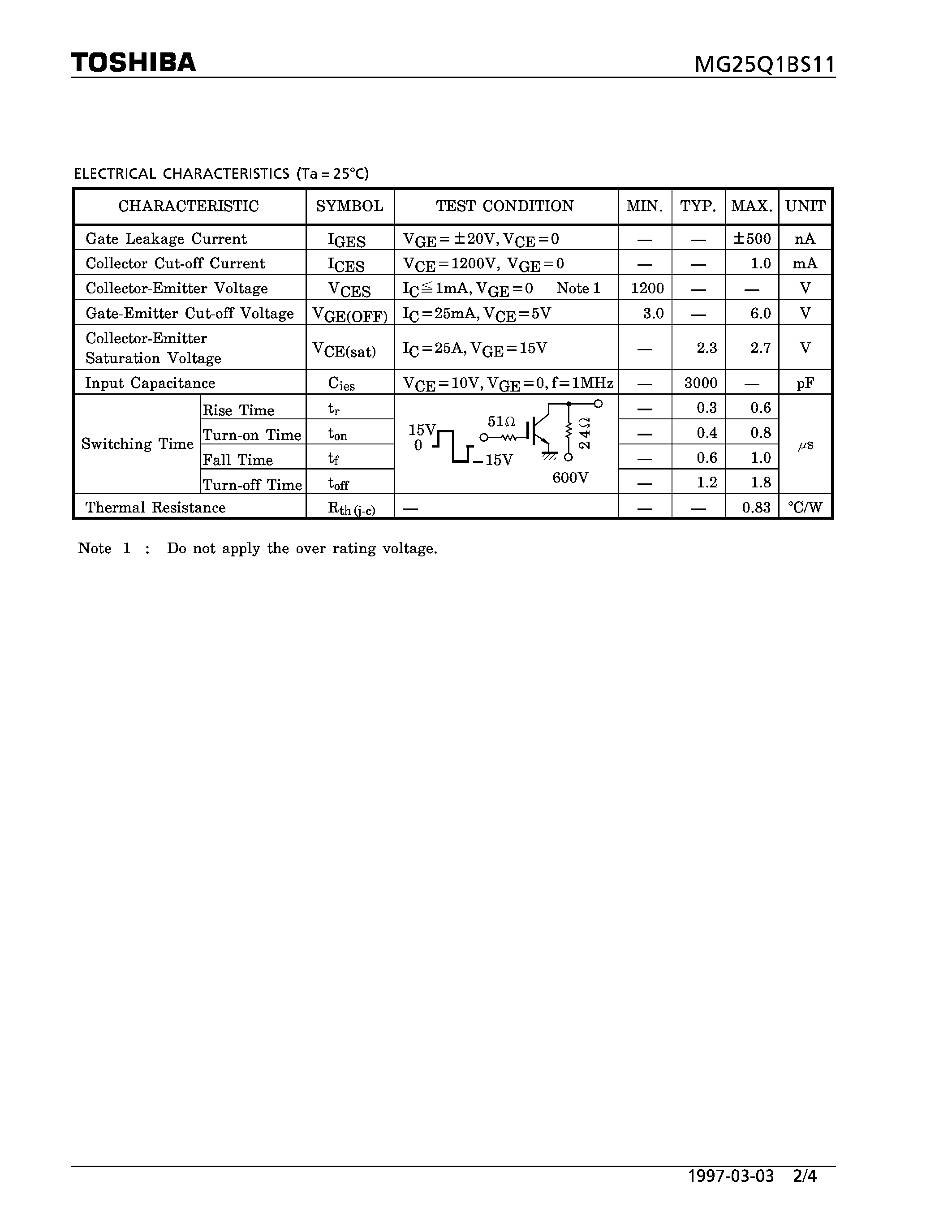 Datasheet MG25Q1BS11 - N CHANNEL IGBT (HIGH POWER SWITCHING / MOTOR CONTROL APPLICATIONS) page 2