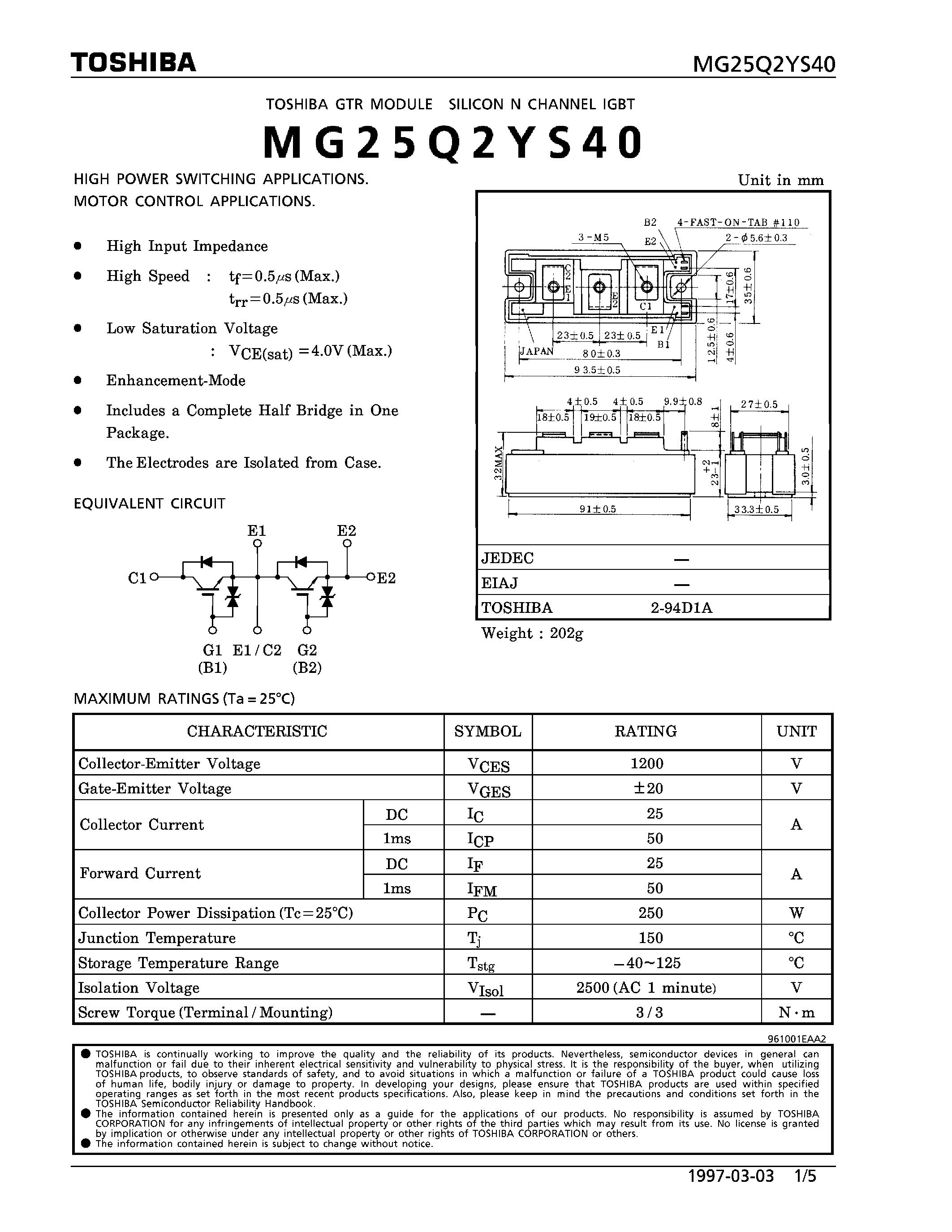 Datasheet MG25Q2YS40 - N CHANNEL IGBT (HIGH POWER SWITCHING / MOTOR CONTROL APPLICATIONS) page 1