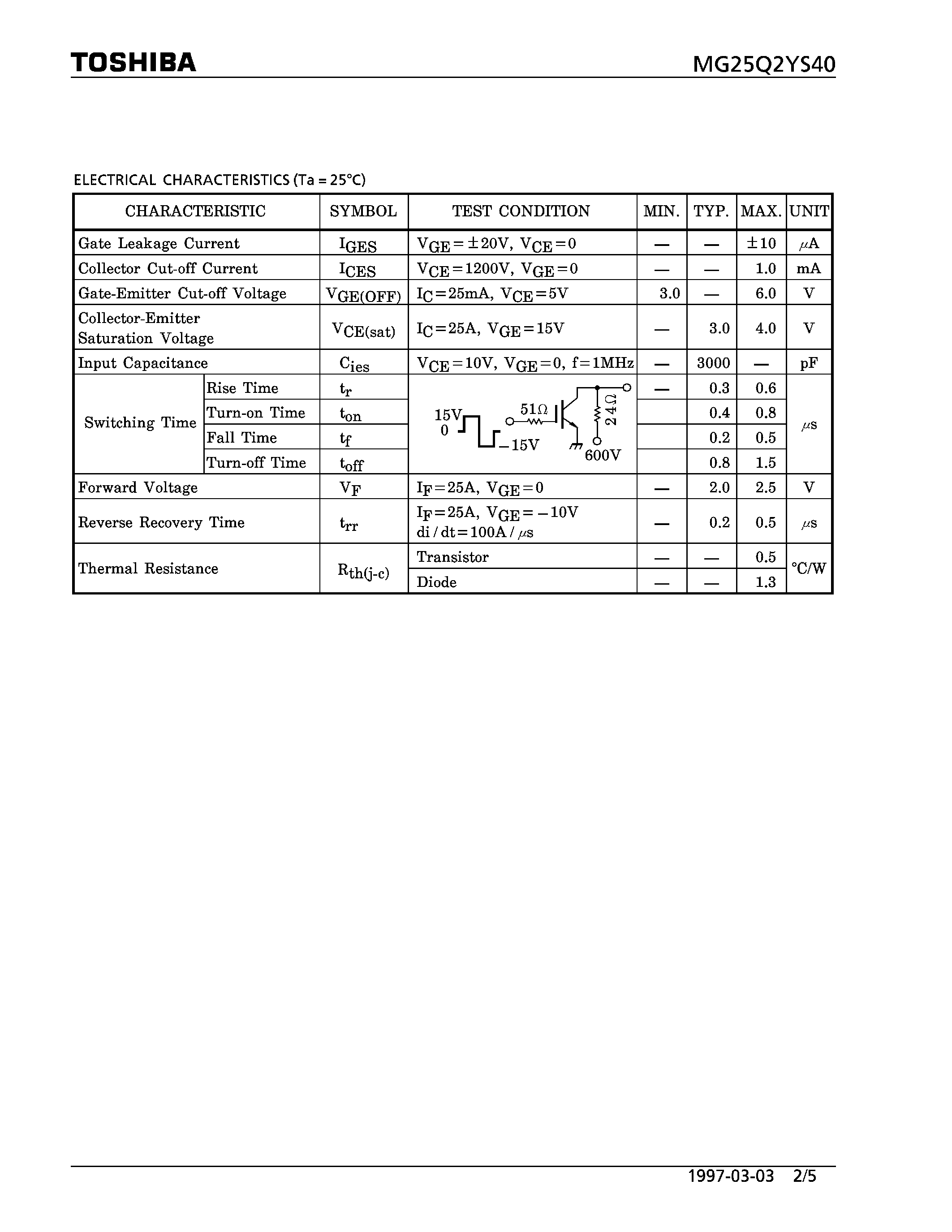 Datasheet MG25Q2YS40 - N CHANNEL IGBT (HIGH POWER SWITCHING / MOTOR CONTROL APPLICATIONS) page 2