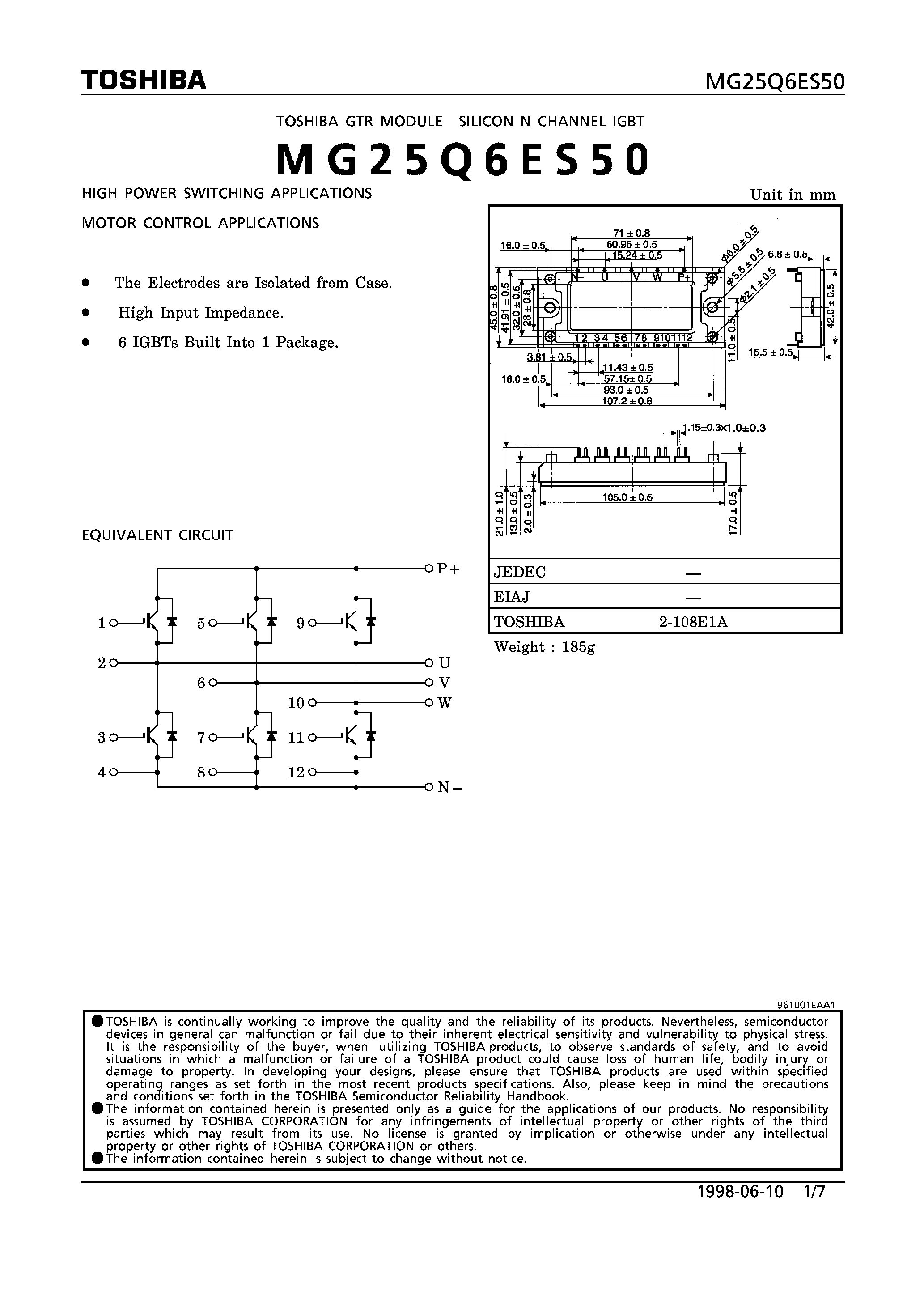 Datasheet MG25Q6ES50 - N CHANNEL IGBT (HIGH POWER SWITCHING / MOTOR CONTROL APPLICATIONS) page 1