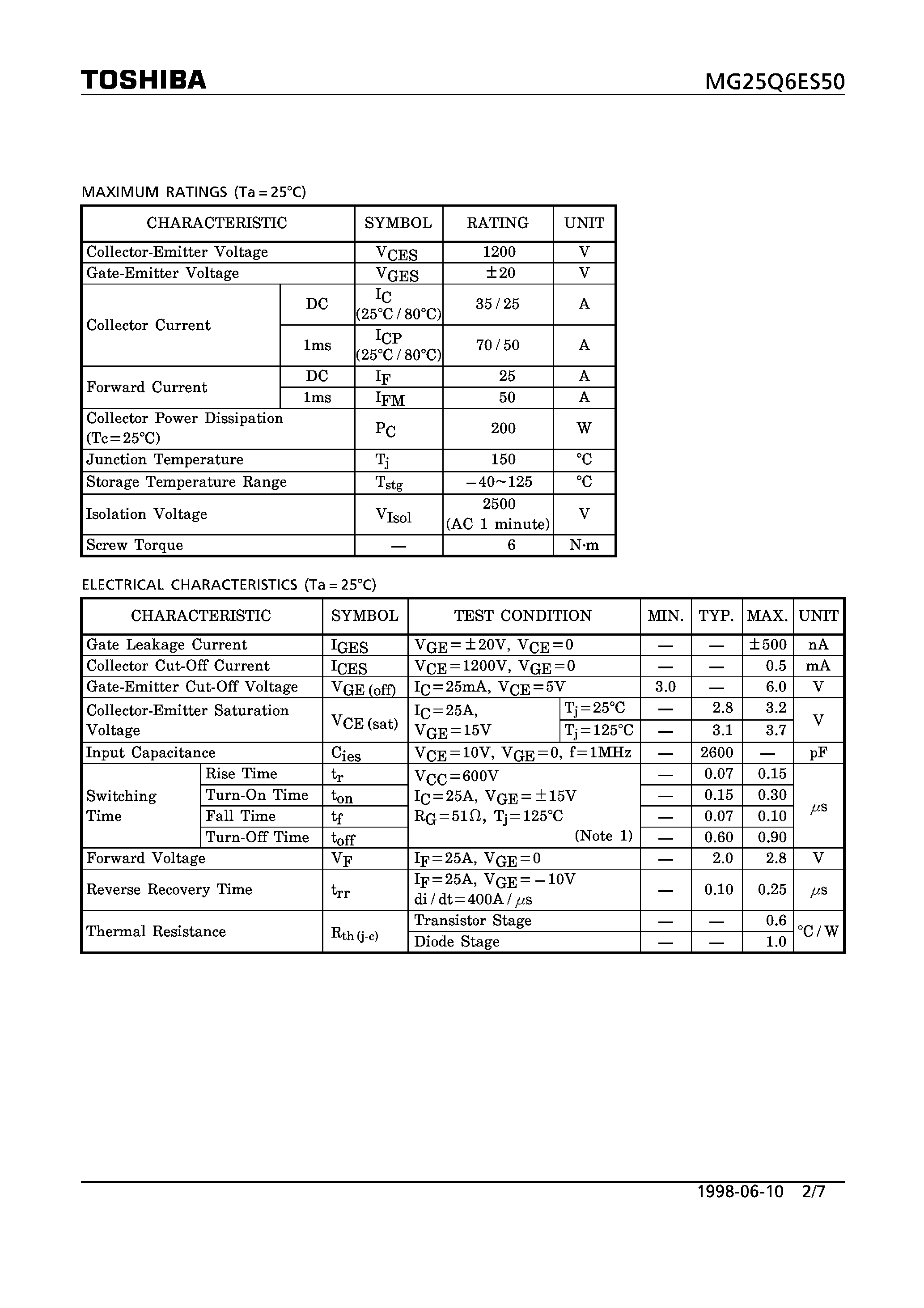 Datasheet MG25Q6ES50 - N CHANNEL IGBT (HIGH POWER SWITCHING / MOTOR CONTROL APPLICATIONS) page 2