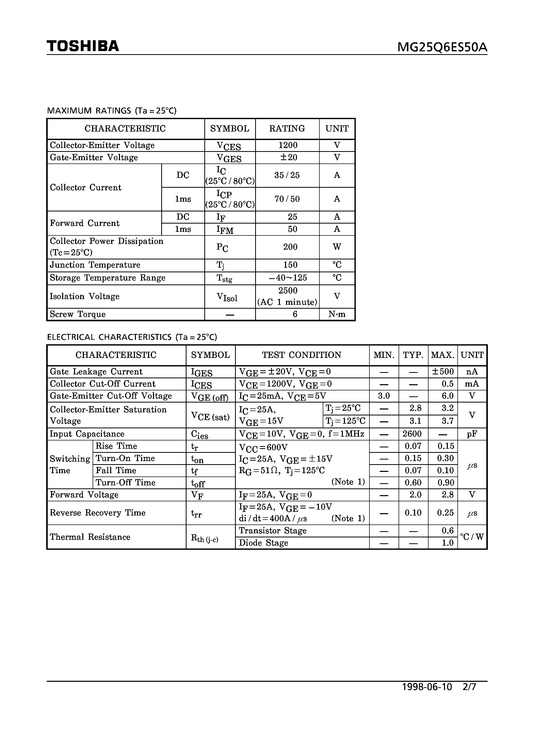 Datasheet MG25Q6ES50A - N CHANNEL IGBT (HIGH POWER SWITCHING / MOTOR CONTROL APPLICATIONS) page 2