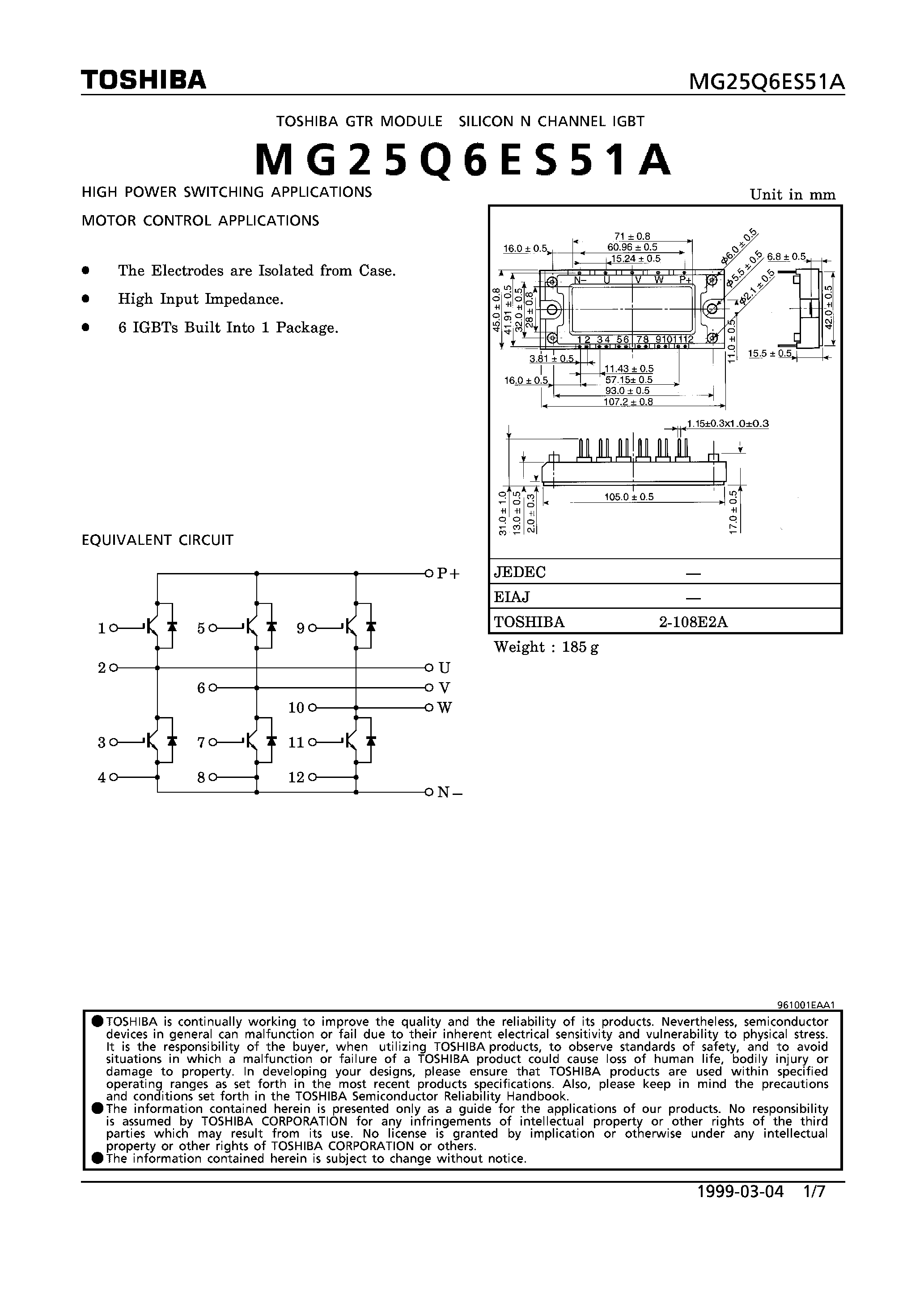 Datasheet MG25Q6ES51A - N CHANNEL IGBT (HIGH POWER SWITCHING / MOTOR CONTROL APPLICATIONS) page 1