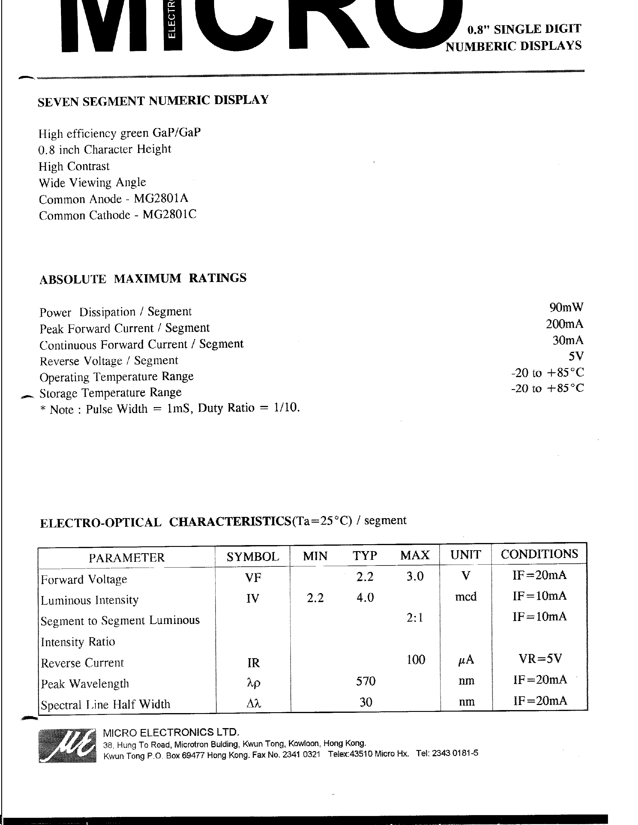 Datasheet MG2801A - 0.8 SINGLE DIGIT NUMBERIC DISPLAYS page 1