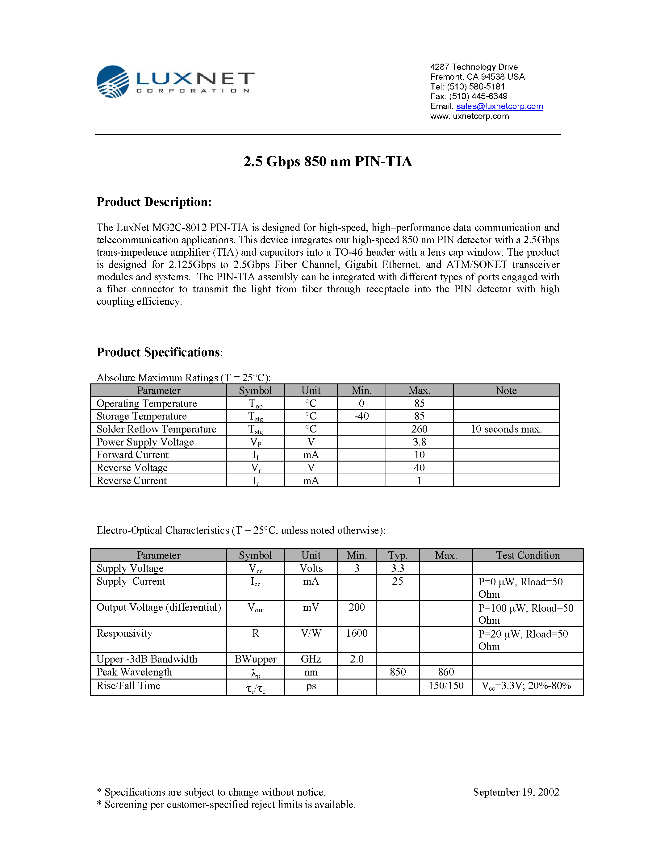 Datasheet MG2C-8012 - 2.5 Gbps 850 nm PIN-TIA page 1