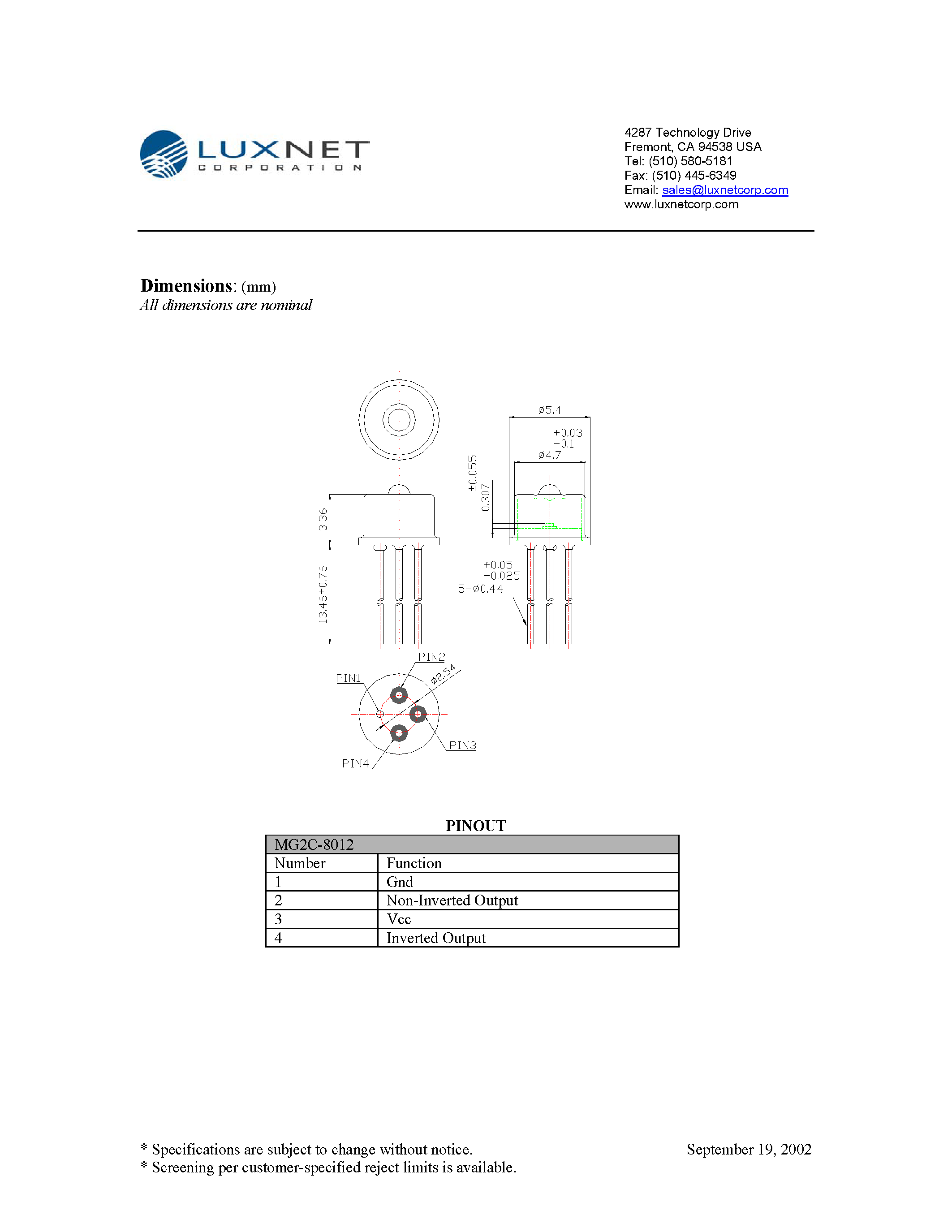 Datasheet MG2C-8012 - 2.5 Gbps 850 nm PIN-TIA page 2