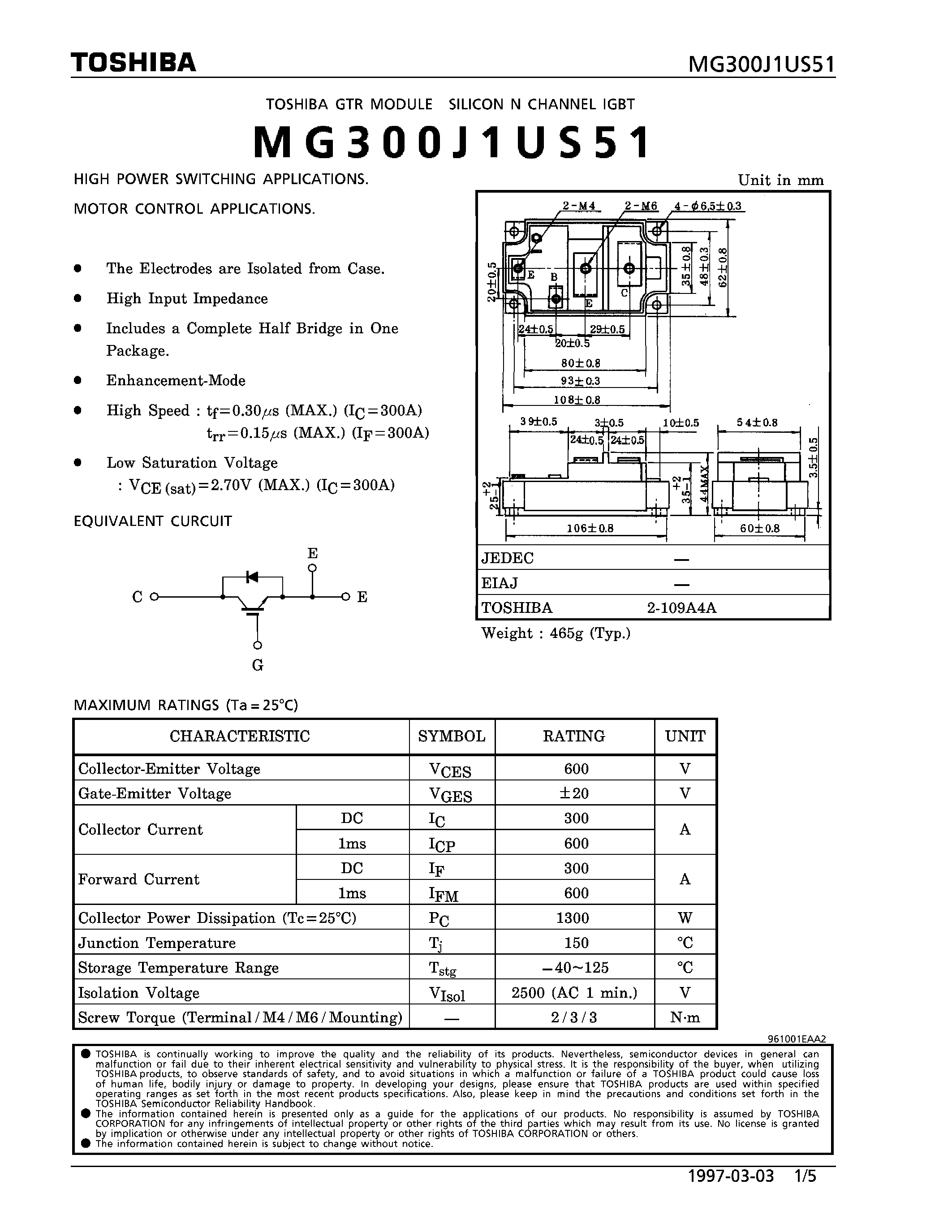 Datasheet MG300J1US51 - N CHANNEL IGBT (HIGH POWER SWITCHING / MOTOR CONTROL APPLICATIONS) page 1