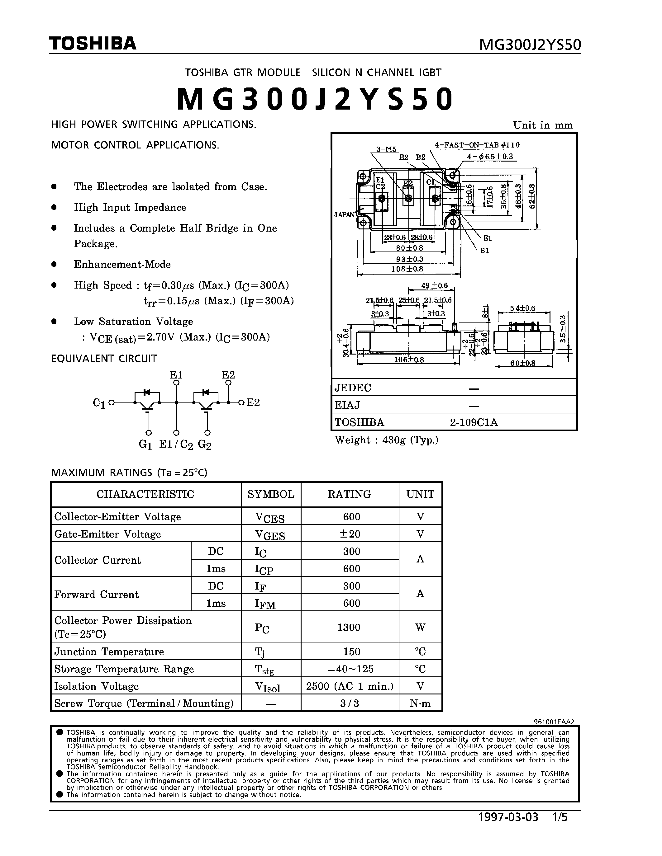 Datasheet MG300J2YS50 - N CHANNEL IGBT (HIGH POWER SWITCHING / MOTOR CONTROL APPLICATIONS) page 1