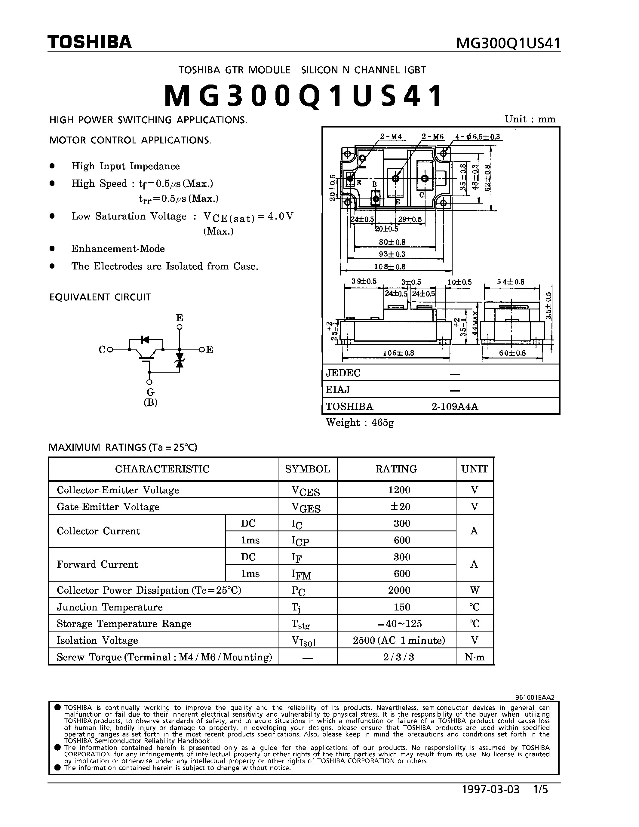 Datasheet MG300Q1US41 - N CHANNEL IGBT (HIGH POWER SWITCHING / MOTOR CONTROL APPLICATIONS) page 1