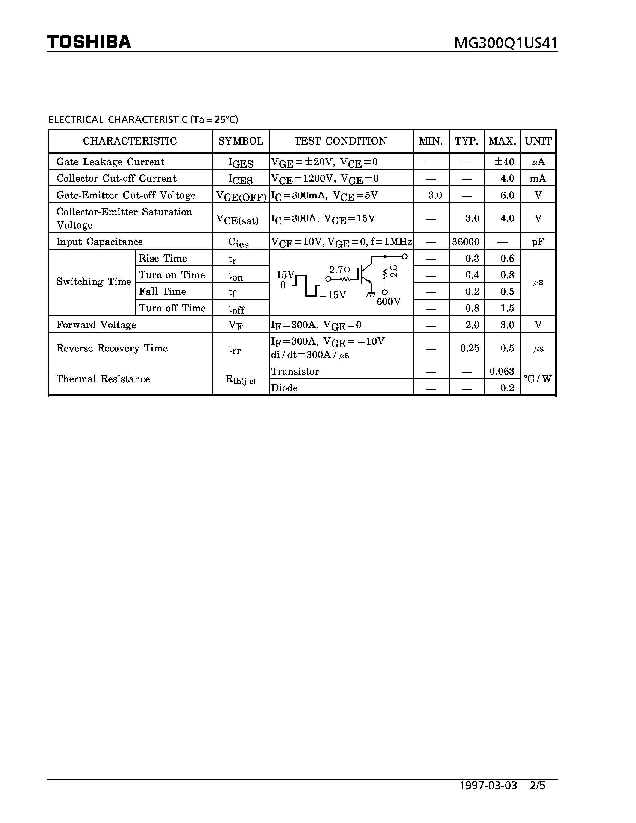 Datasheet MG300Q1US41 - N CHANNEL IGBT (HIGH POWER SWITCHING / MOTOR CONTROL APPLICATIONS) page 2