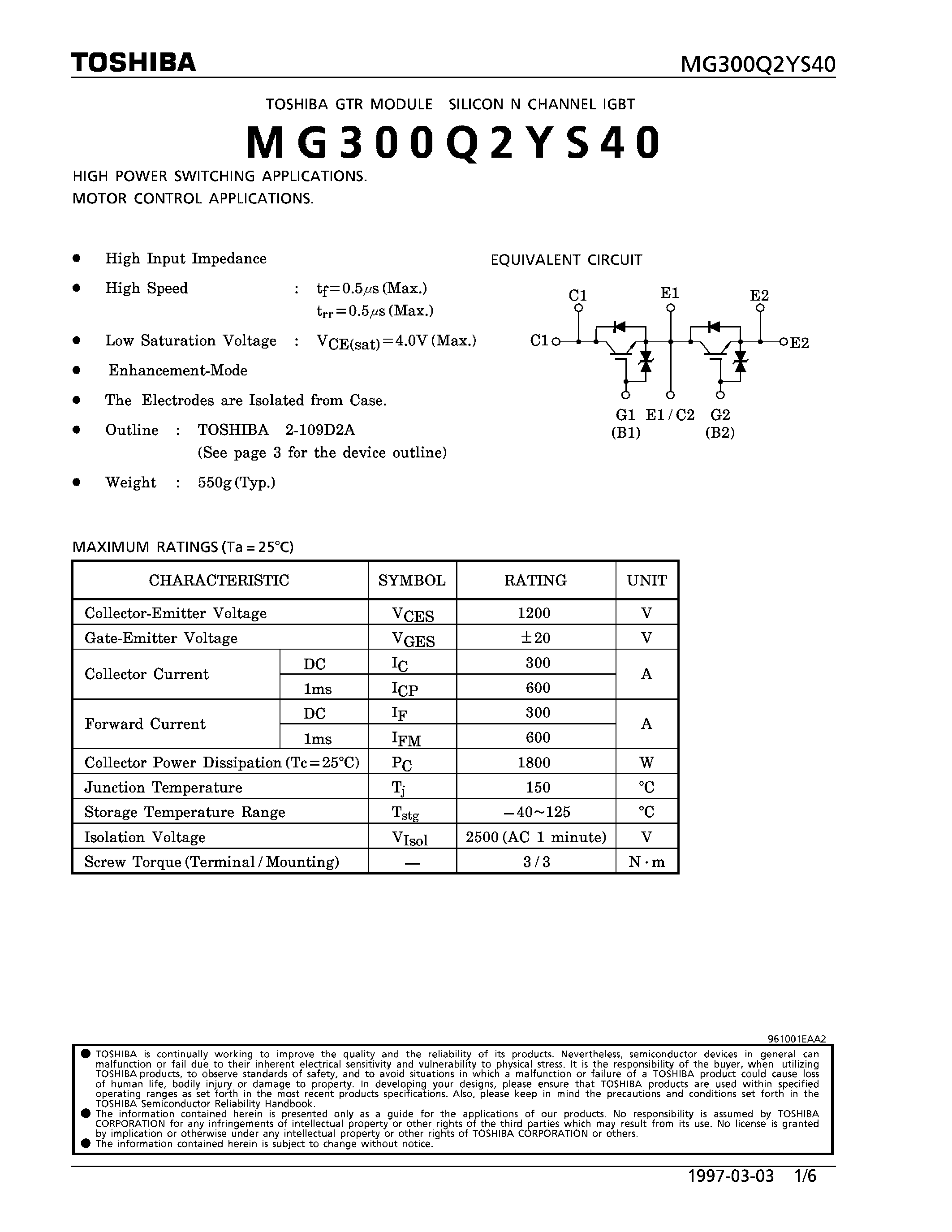 Datasheet MG300Q2YS40 - N CHANNEL IGBT (HIGH POWER SWITCHING / MOTOR CONTROL APPLICATIONS) page 1