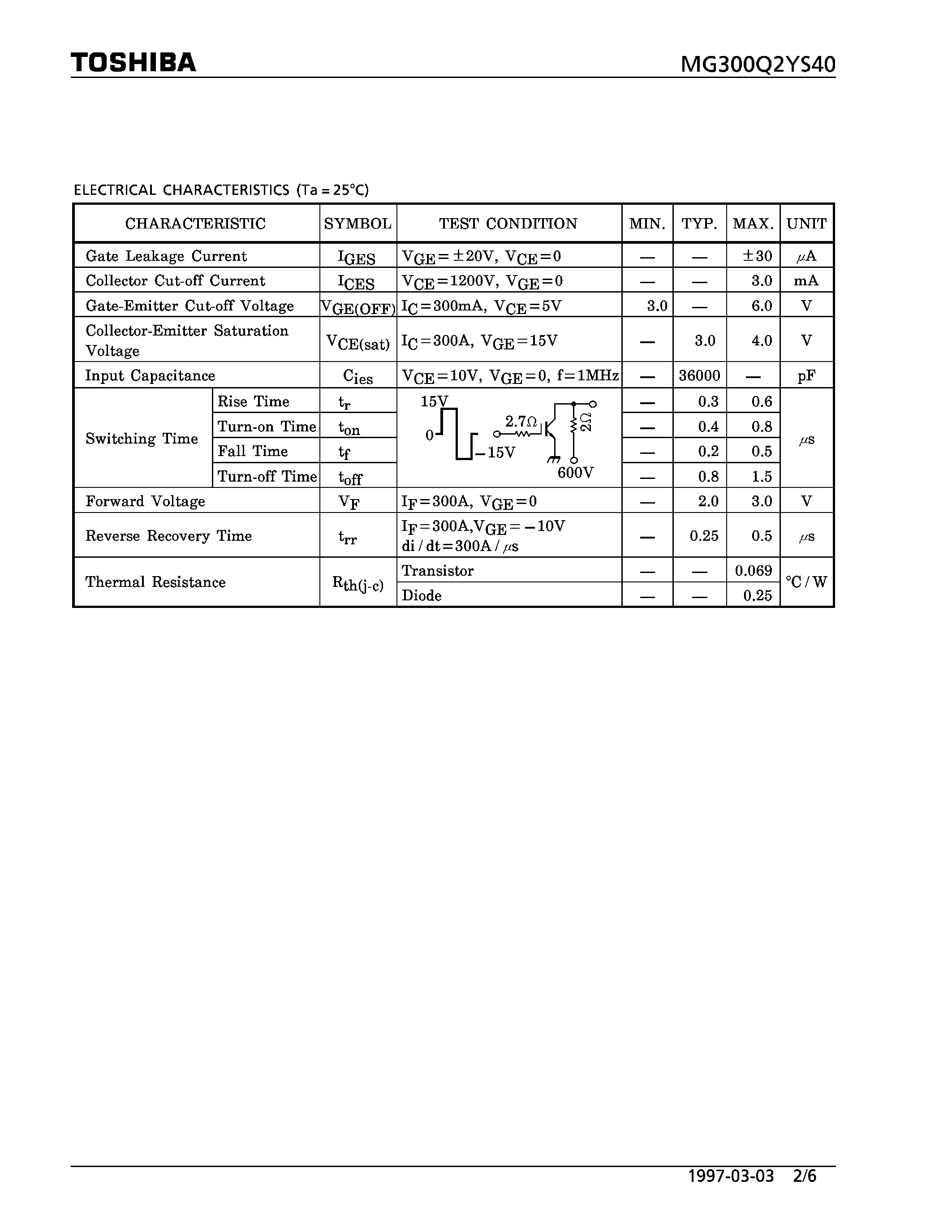 Datasheet MG300Q2YS40 - N CHANNEL IGBT (HIGH POWER SWITCHING / MOTOR CONTROL APPLICATIONS) page 2