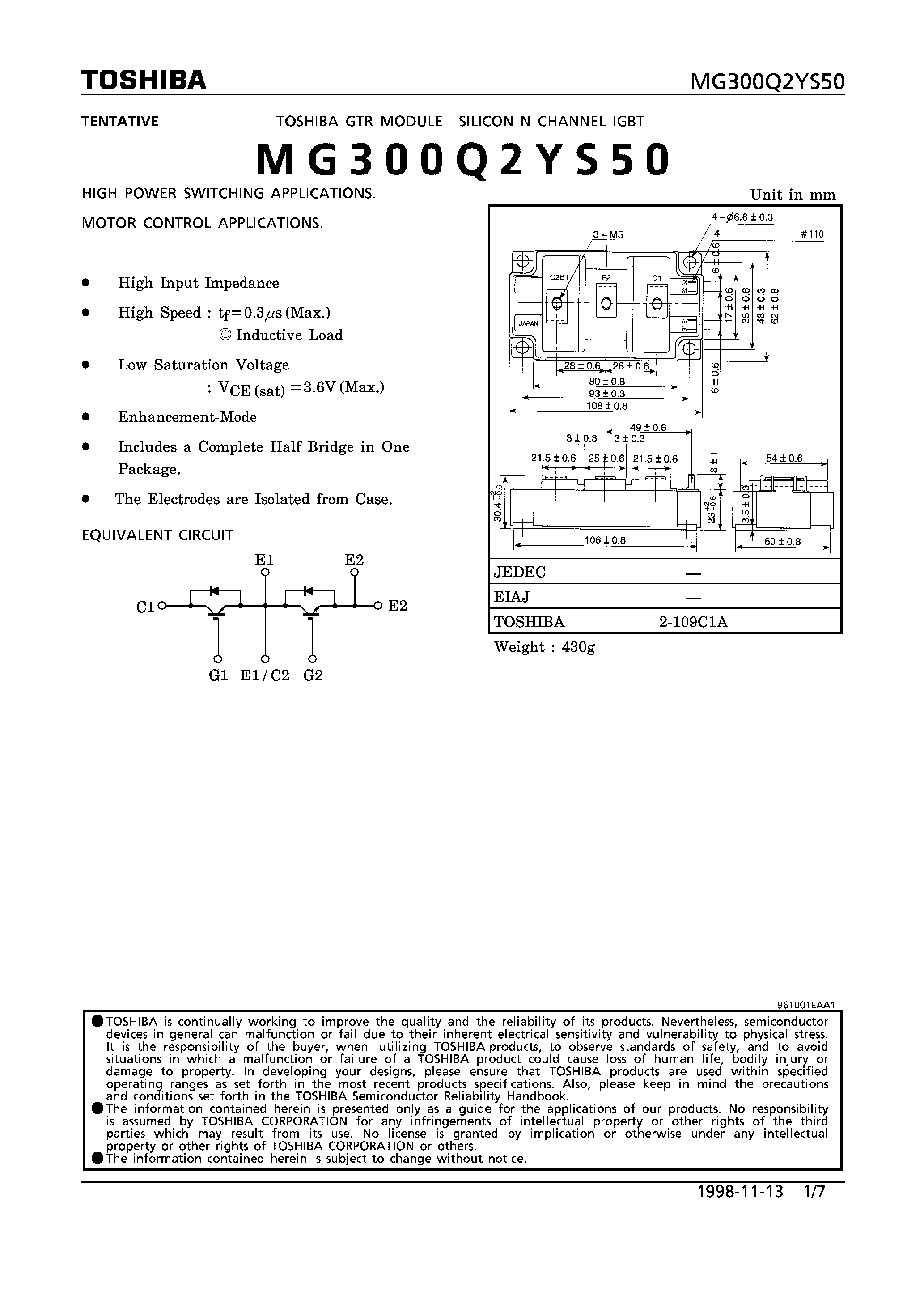 Datasheet MG300Q2YS50 - N CHANNEL IGBT (HIGH POWER SWITCHING / MOTOR CONTROL APPLICATIONS) page 1