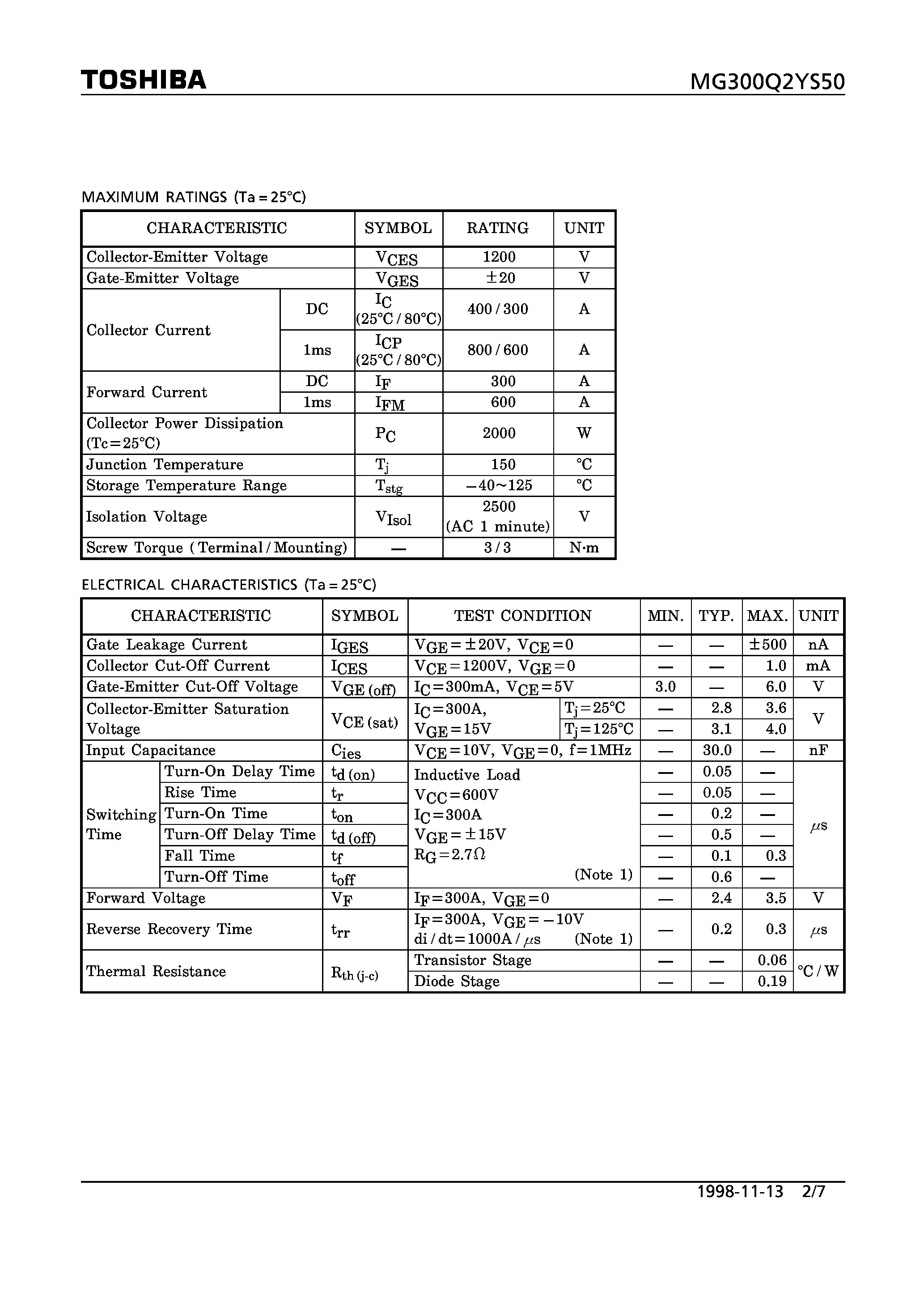 Datasheet MG300Q2YS50 - N CHANNEL IGBT (HIGH POWER SWITCHING / MOTOR CONTROL APPLICATIONS) page 2