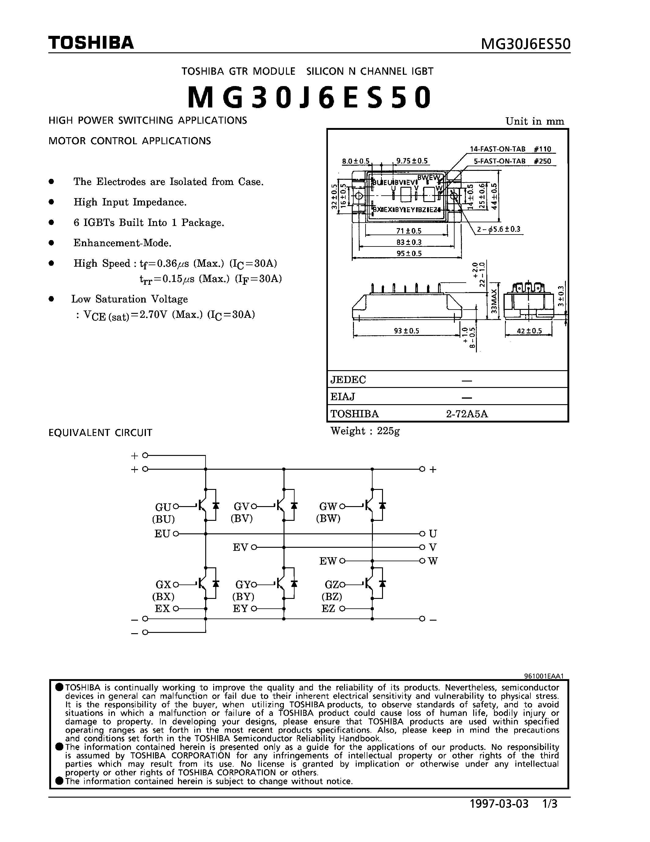 Datasheet MG30J6ES50 - N CHANNEL IGBT (HIGH POWER SWITCHING / MOTOR CONTROL APPLICATIONS) page 1
