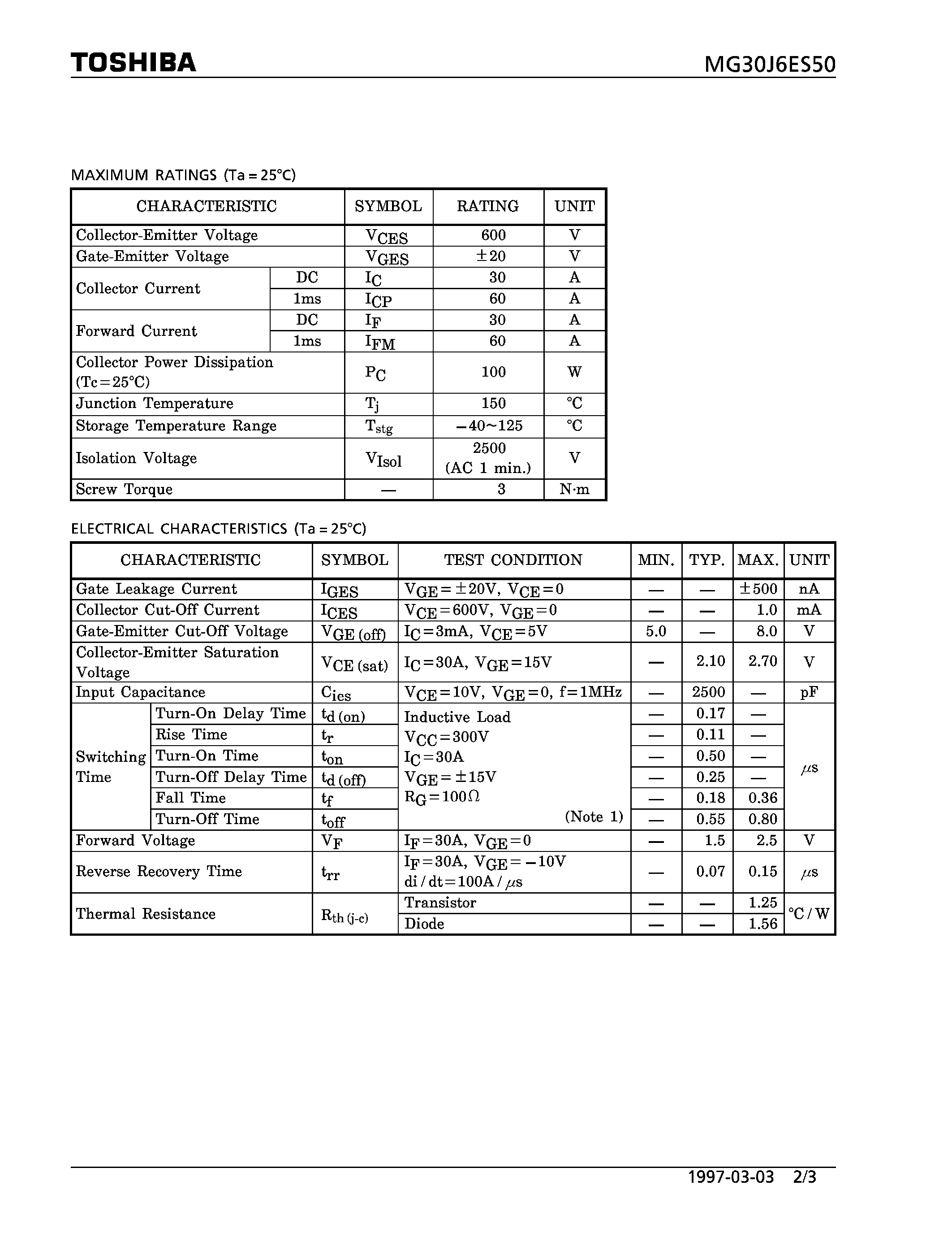 Datasheet MG30J6ES50 - N CHANNEL IGBT (HIGH POWER SWITCHING / MOTOR CONTROL APPLICATIONS) page 2