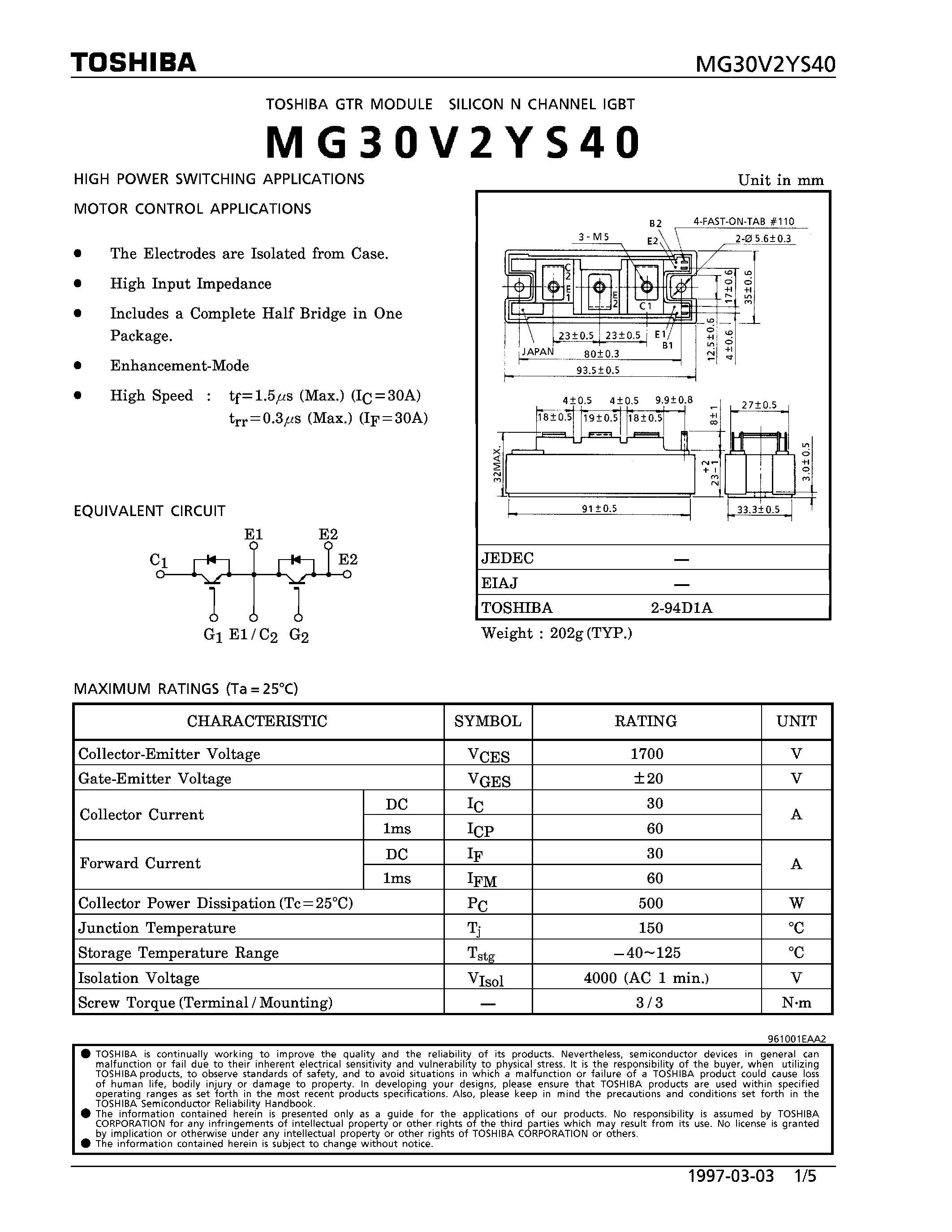 Datasheet MG30V2YS40 - N CHANNEL IGBT (HIGH POWER SWITCHING / MOTOR CONTROL APPLICATIONS) page 1