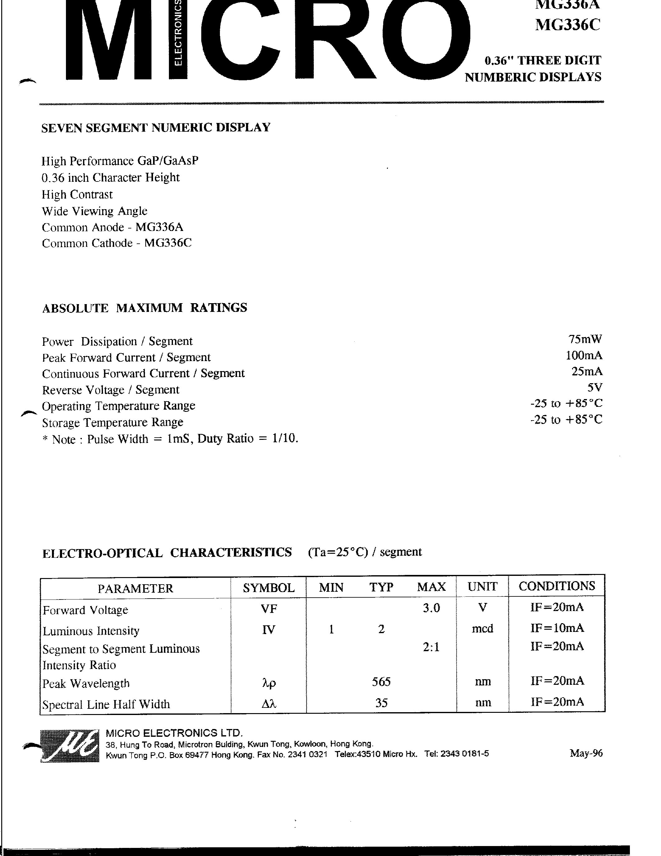 Datasheet MG336C - 0.36 THREE DIGIT NUMBERIC DISPLAYS page 1