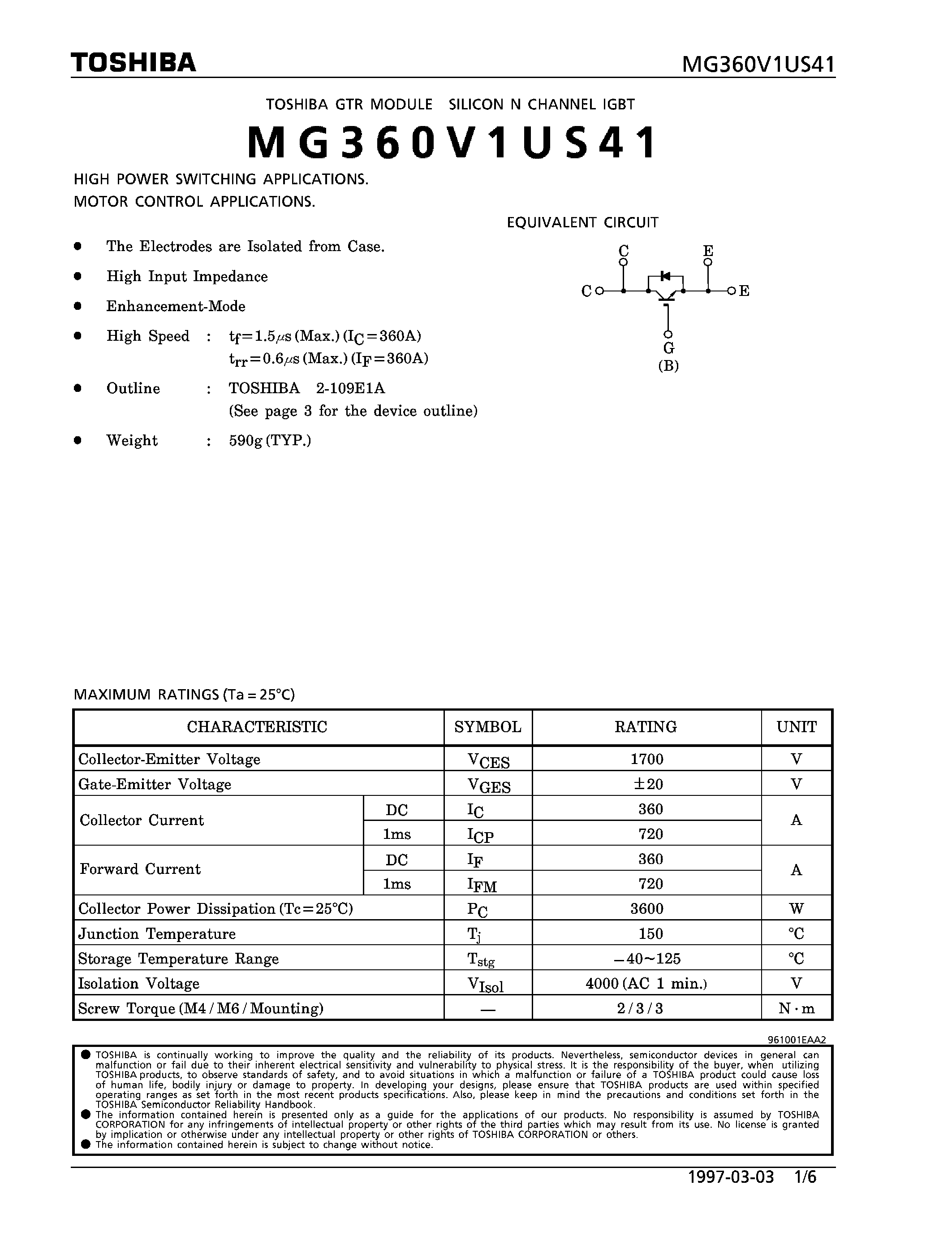 Datasheet MG360V1US41 - N CHANNEL IGBT (HIGH POWER SWITCHING / MOTOR CONTROL APPLICATIONS) page 1