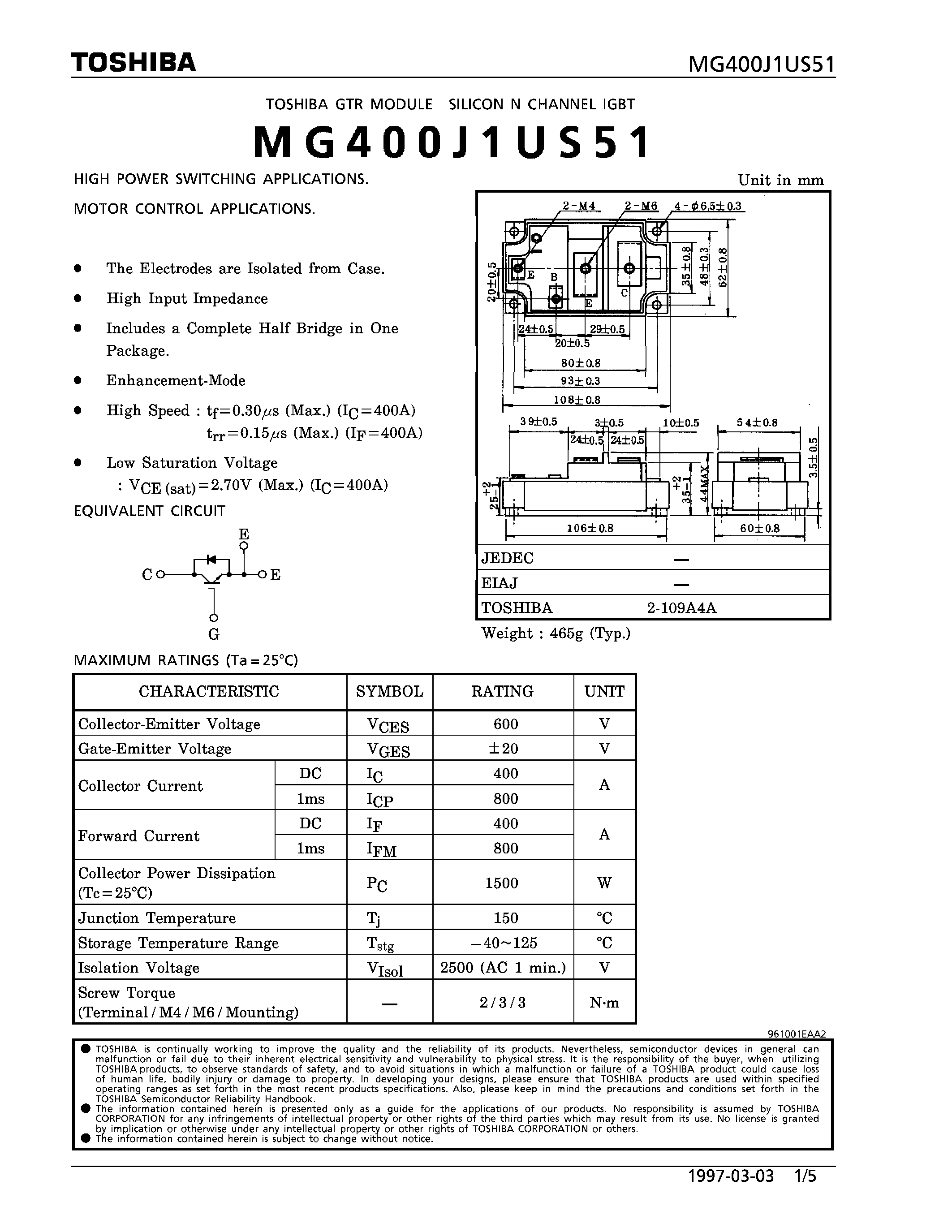 Datasheet MG400J1US51 - N CHANNEL IGBT (HIGH POWER SWITCHING / MOTOR CONTROL APPLICATIONS) page 1