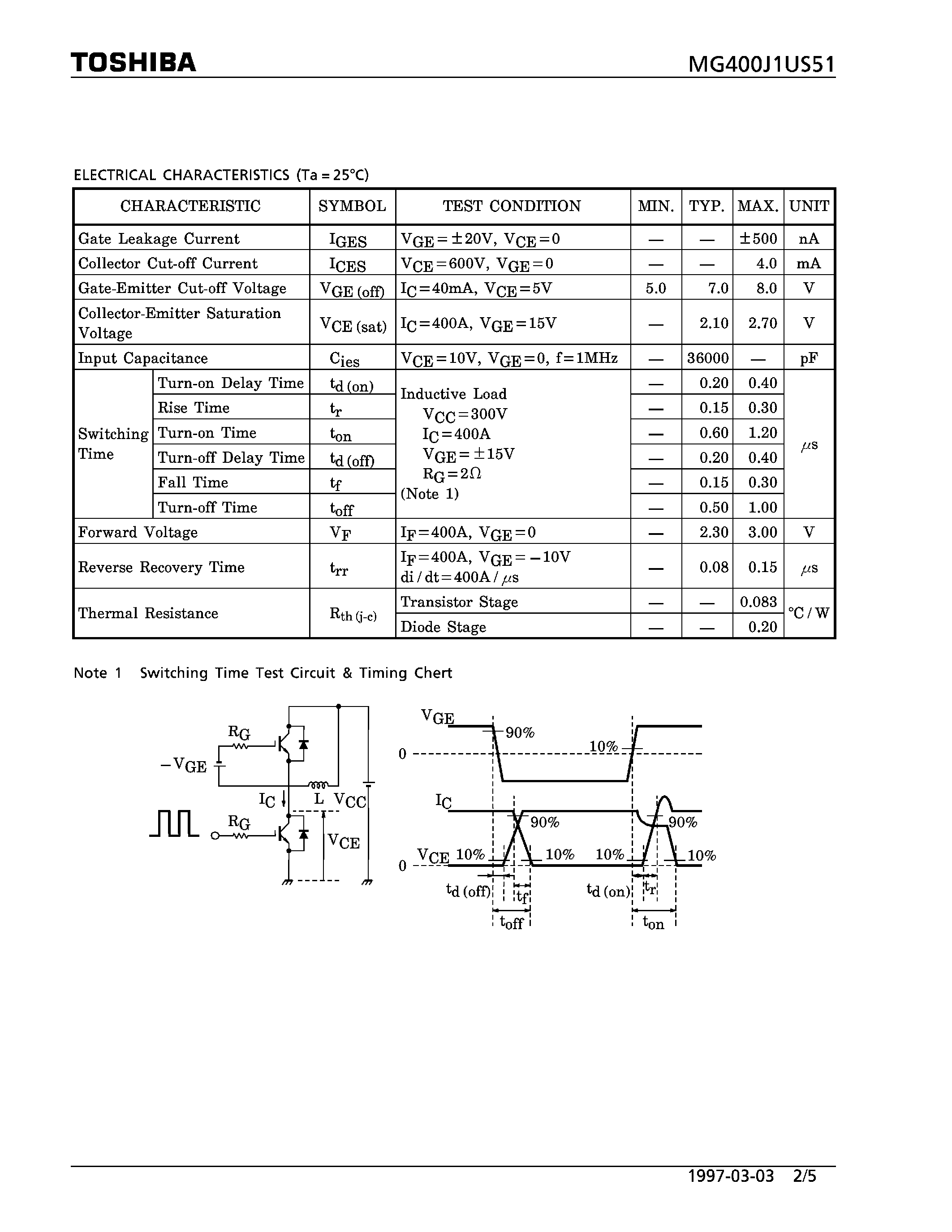 Datasheet MG400J1US51 - N CHANNEL IGBT (HIGH POWER SWITCHING / MOTOR CONTROL APPLICATIONS) page 2