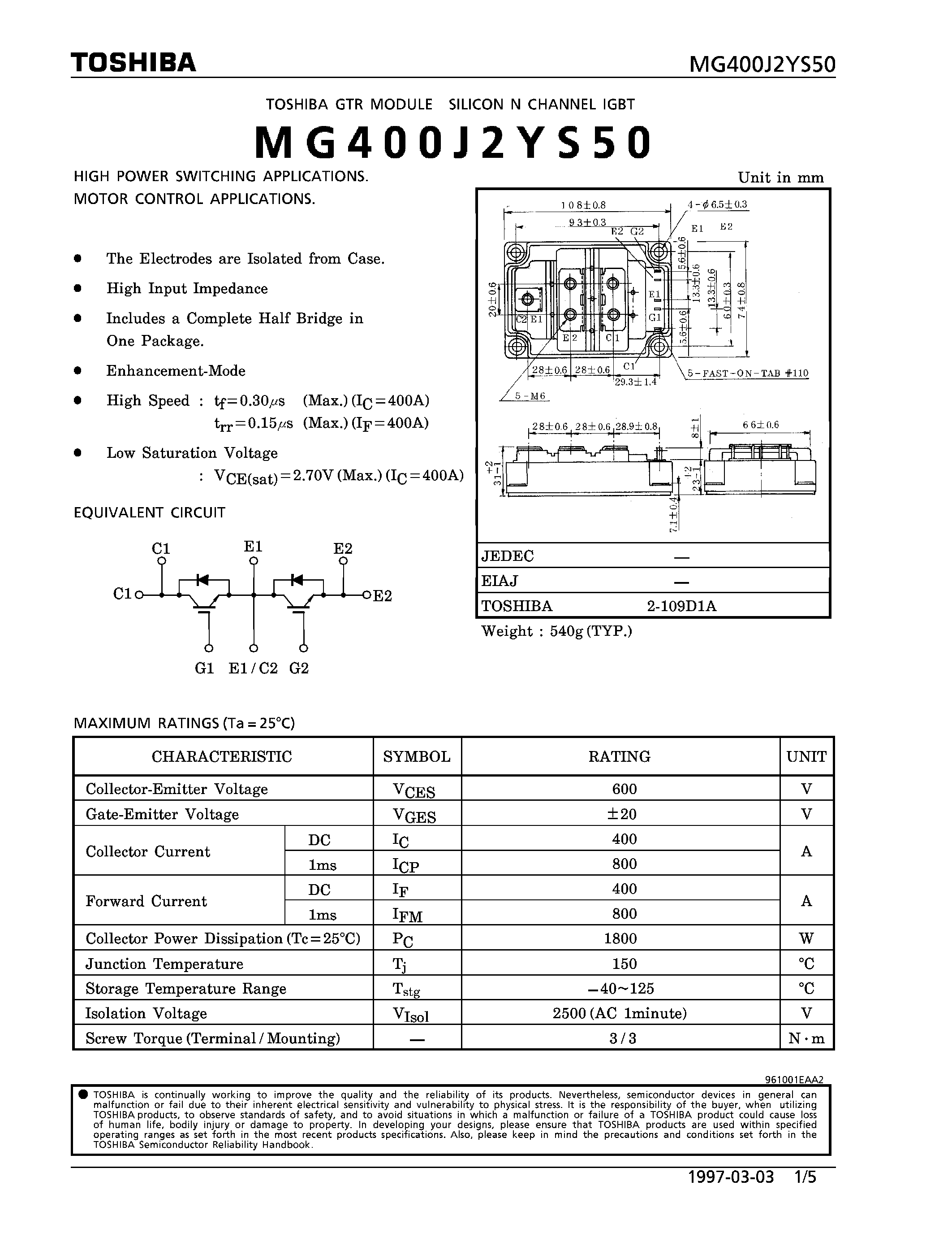 Datasheet MG400J2YS50 - N CHANNEL IGBT (HIGH POWER SWITCHING / MOTOR CONTROL APPLICATIONS) page 1