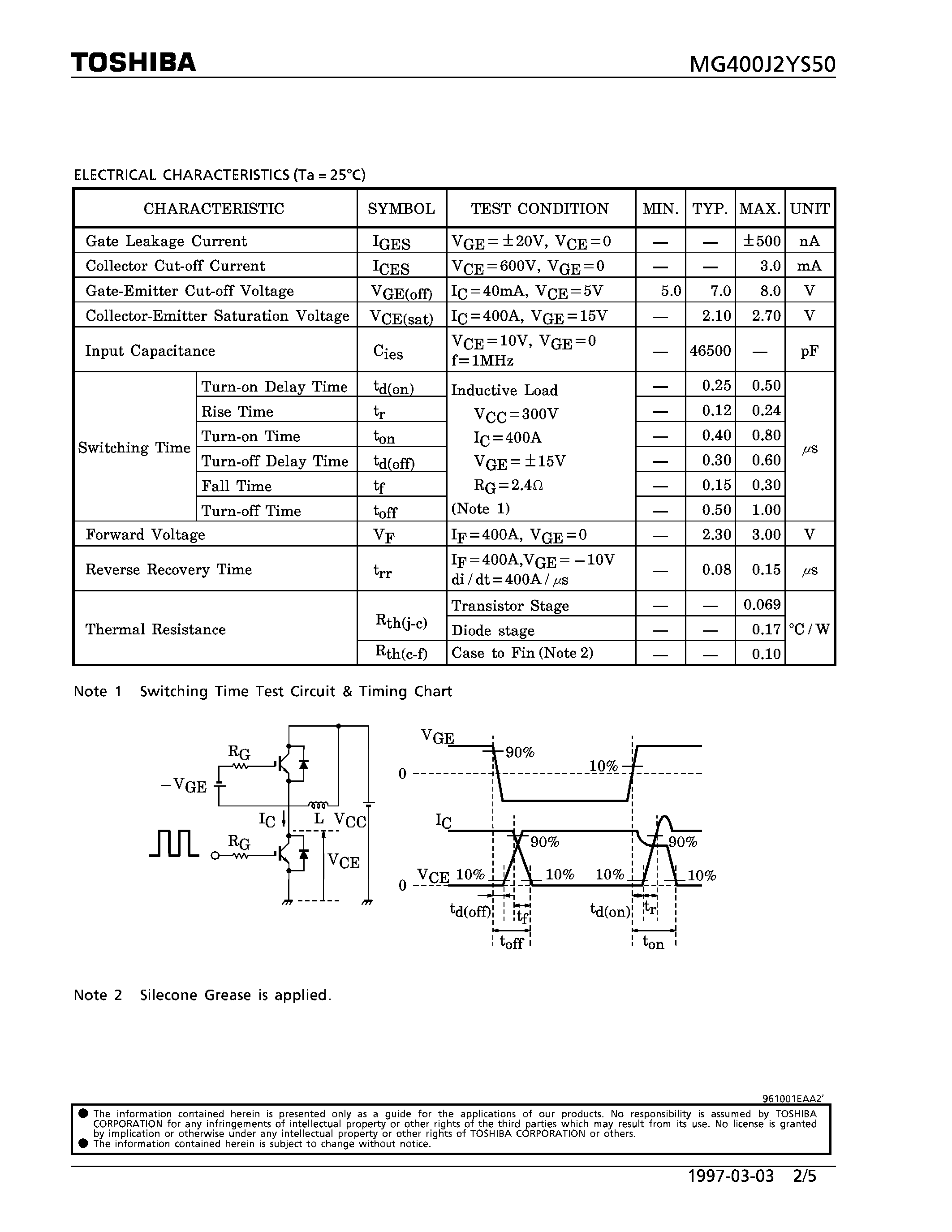 Datasheet MG400J2YS50 - N CHANNEL IGBT (HIGH POWER SWITCHING / MOTOR CONTROL APPLICATIONS) page 2