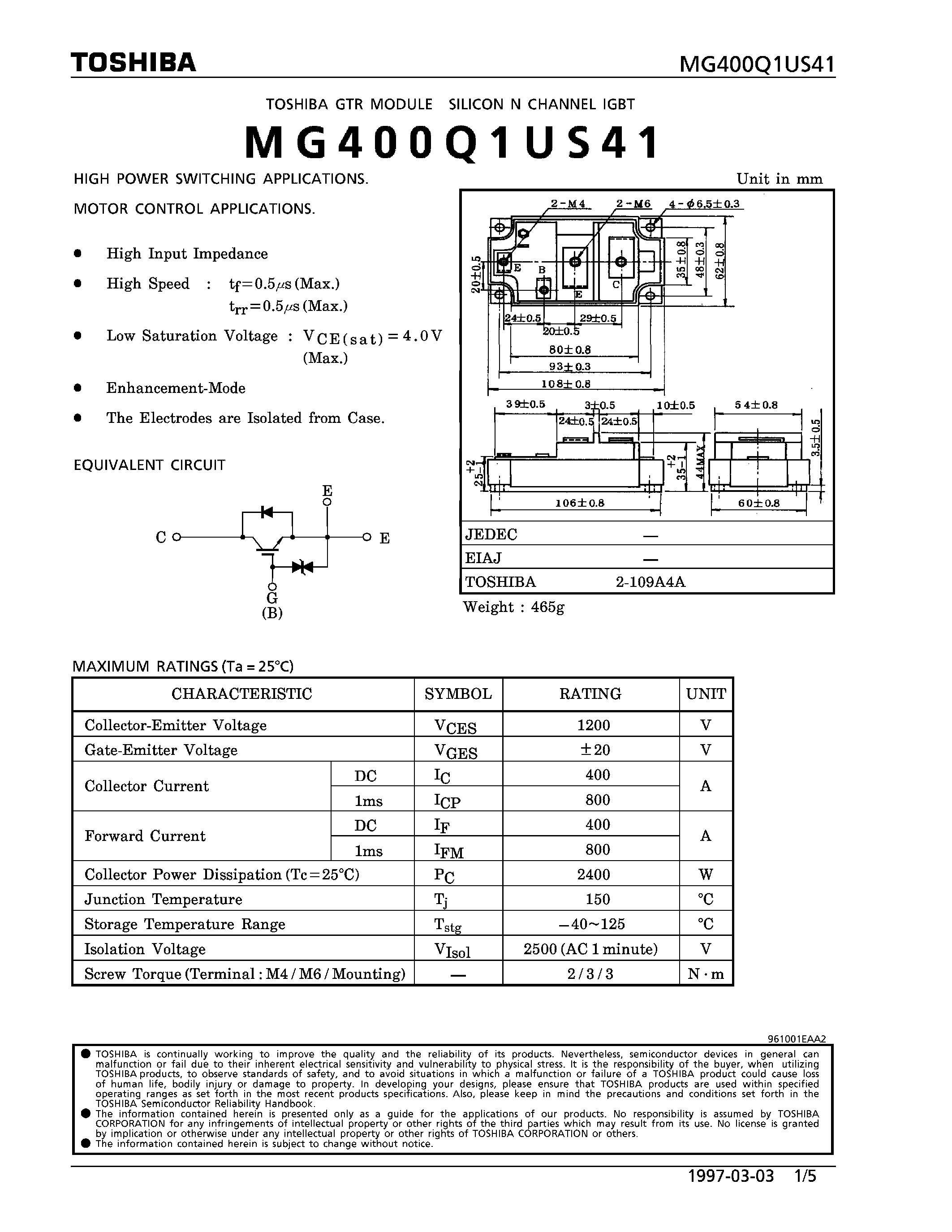 Datasheet MG400Q1US41 - N CHANNEL IGBT (HIGH POWER SWITCHING / MOTOR CONTROL APPLICATIONS) page 1